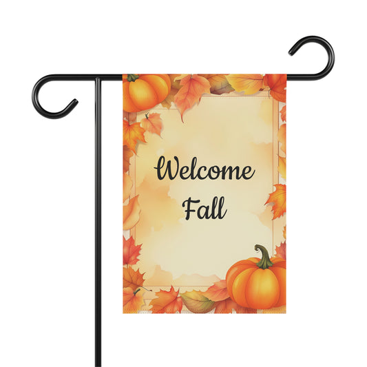 Welcome Fall garden flag with orange pumpkins and colorful autumn leaves, seasonal outdoor yard decoration