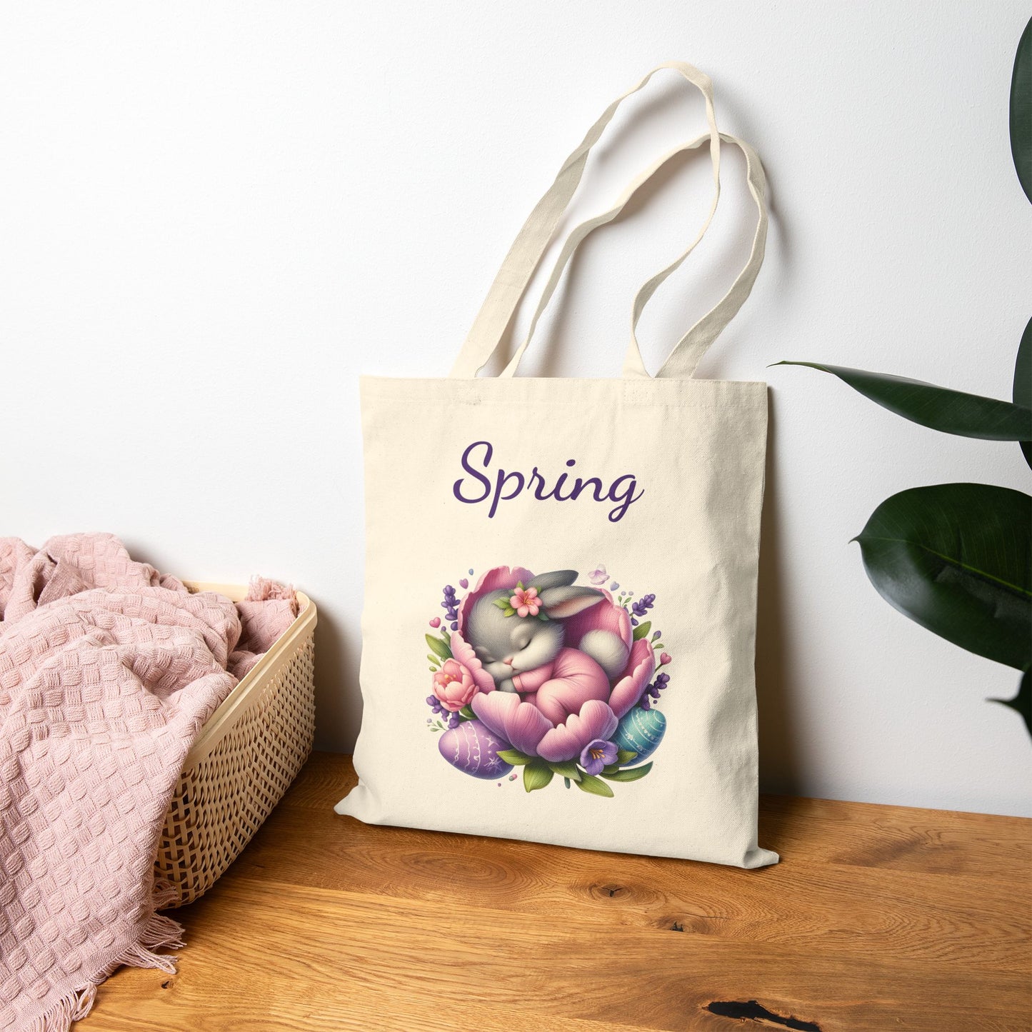 Cute Sleeping Bunny with Easter Eggs Canvas Tote Bag