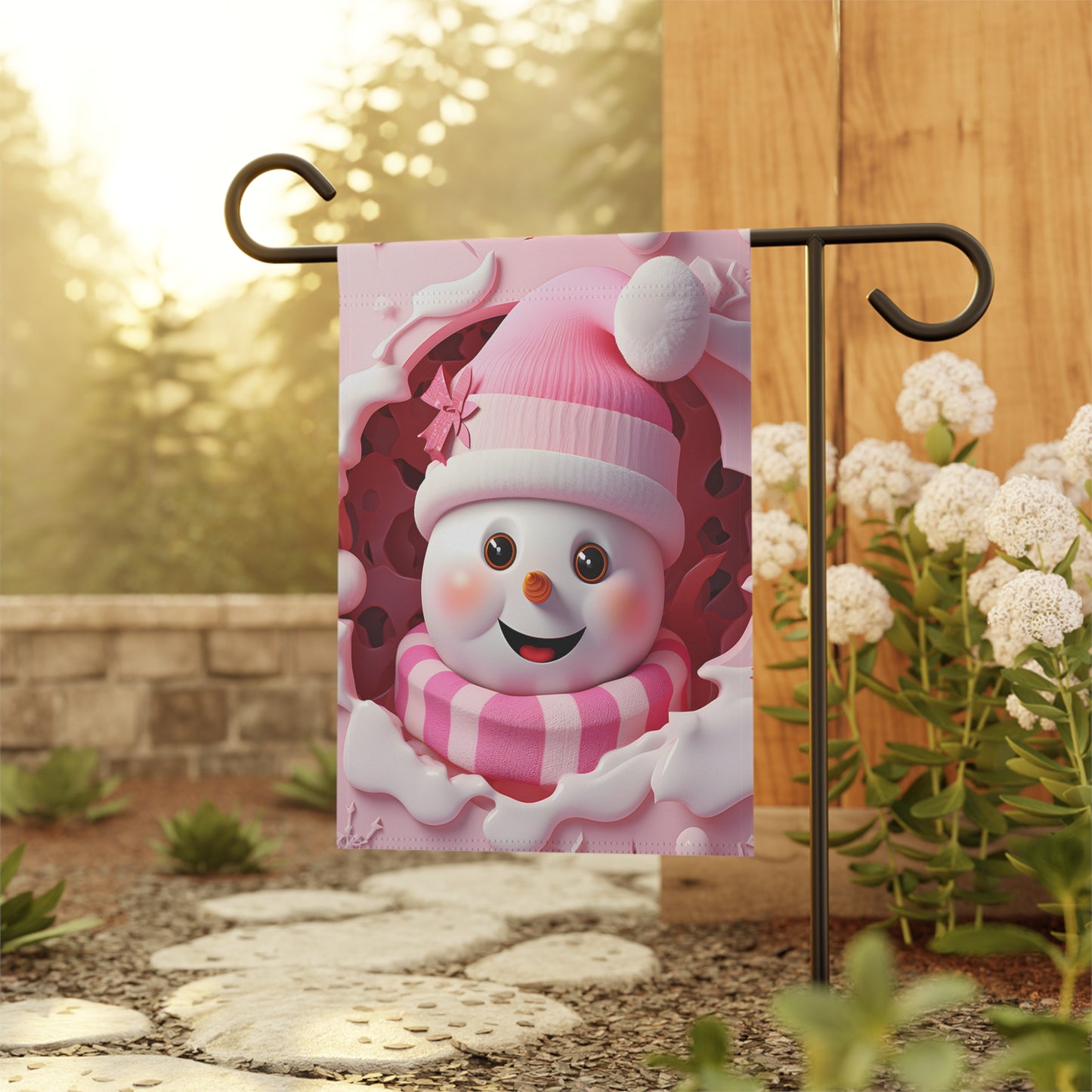 Adorable Pink Snowman Garden Flag