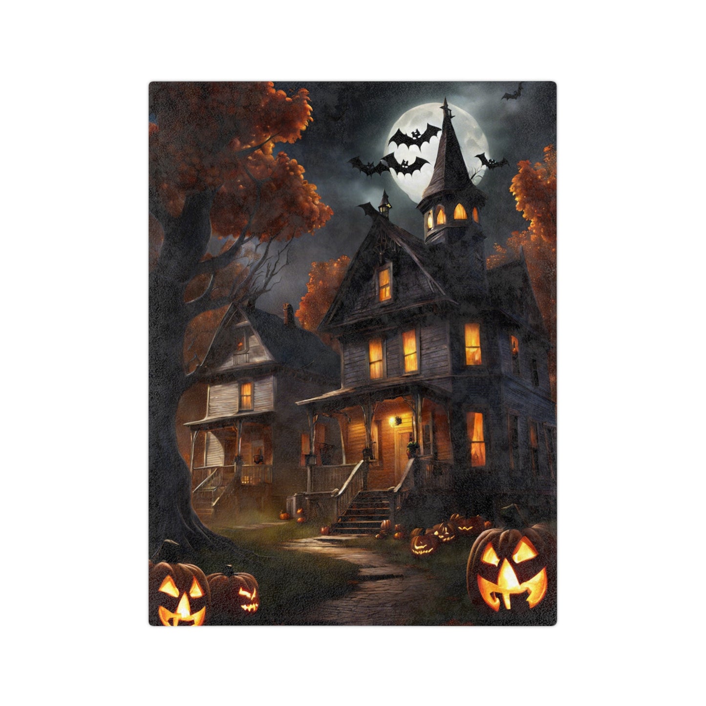 Halloween lightweight velveteen blanket with a spooky cottage, glowing jack-o'-lanterns on the porch, a broom, a full moon, and autumn leaves.
