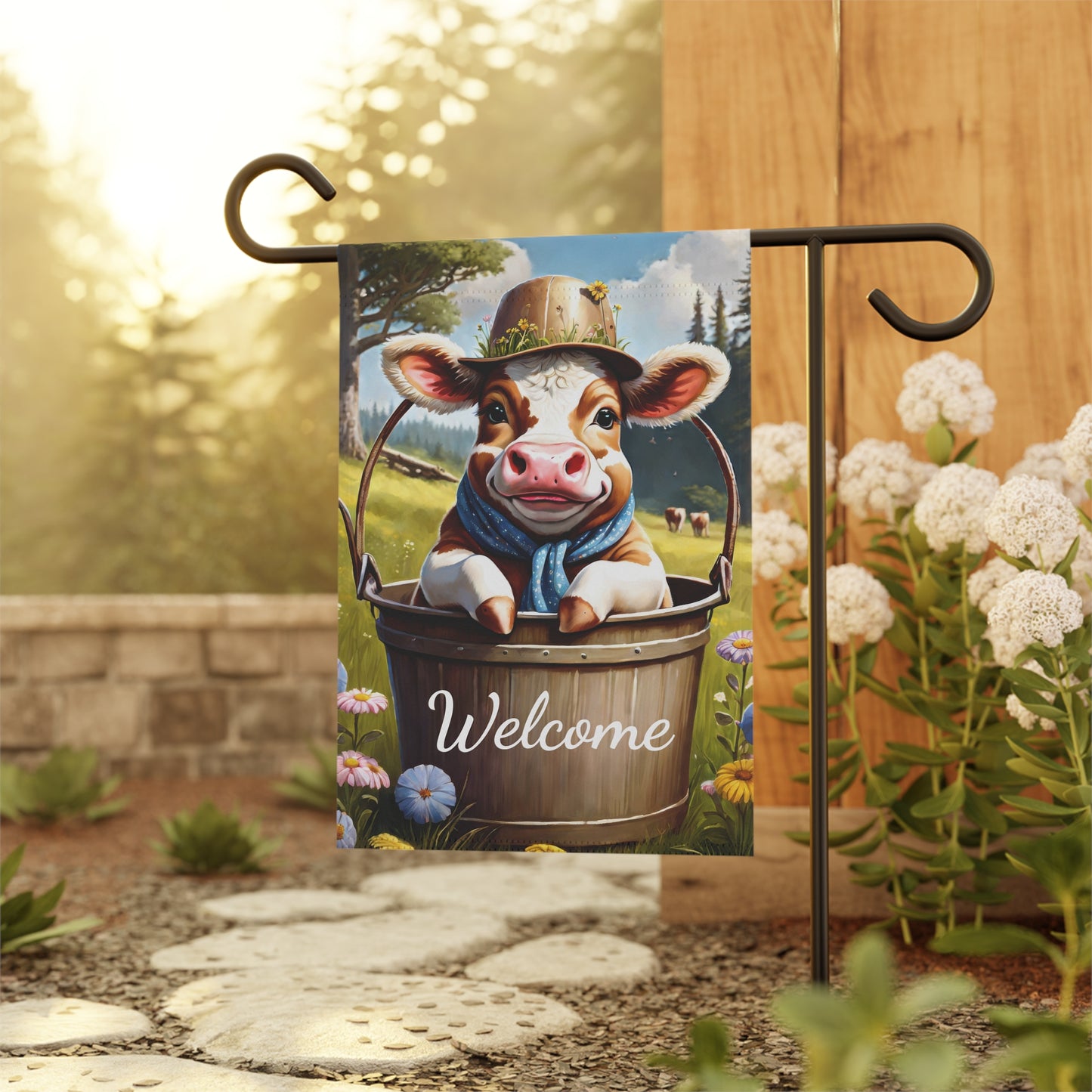 Welcome Garden Flag with Cute Cow in Bucket