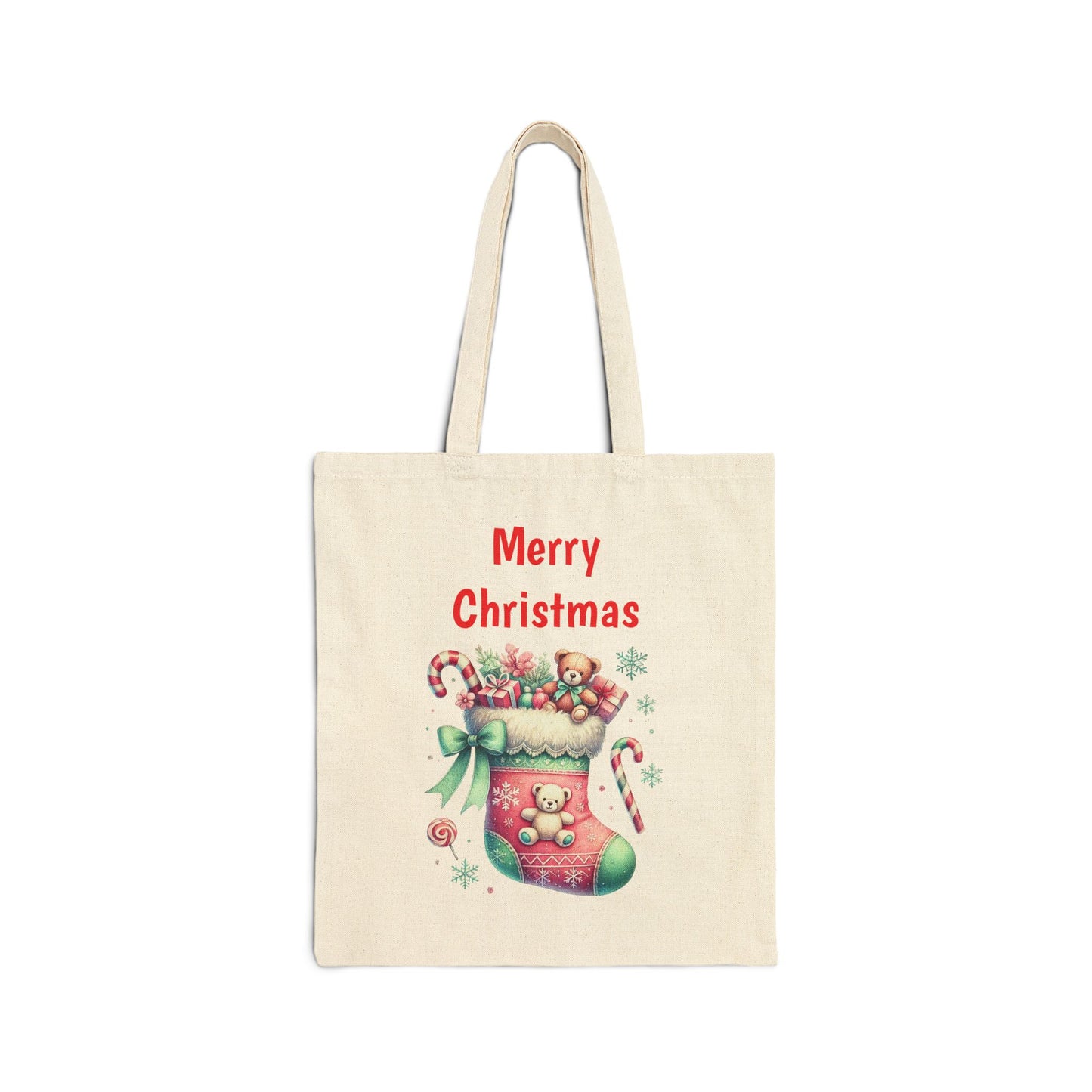 Canvas tote bag with a Christmas stocking full of gifts and "Merry Christmas" text