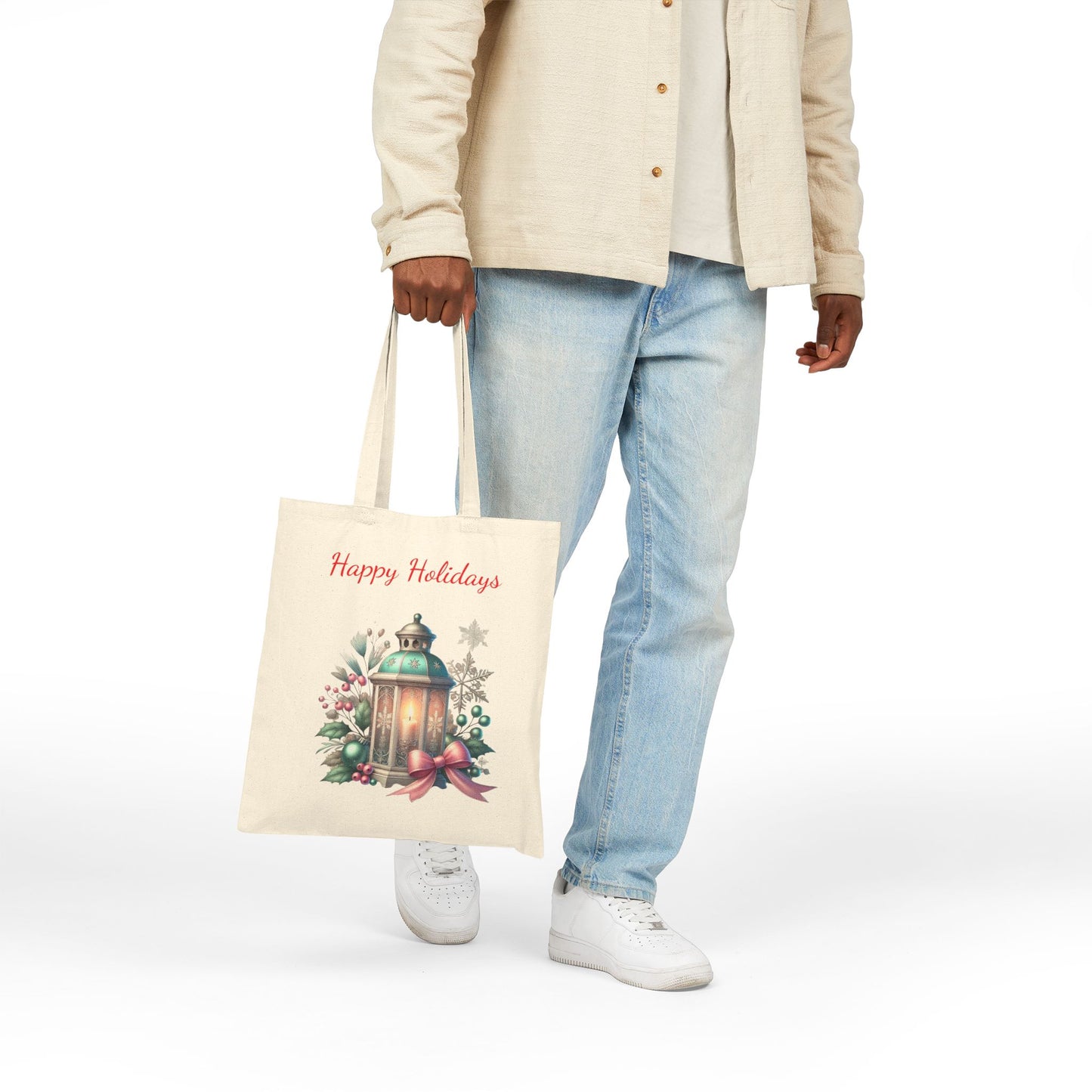 "Happy Holidays" Vintage Lantern Canvas Tote