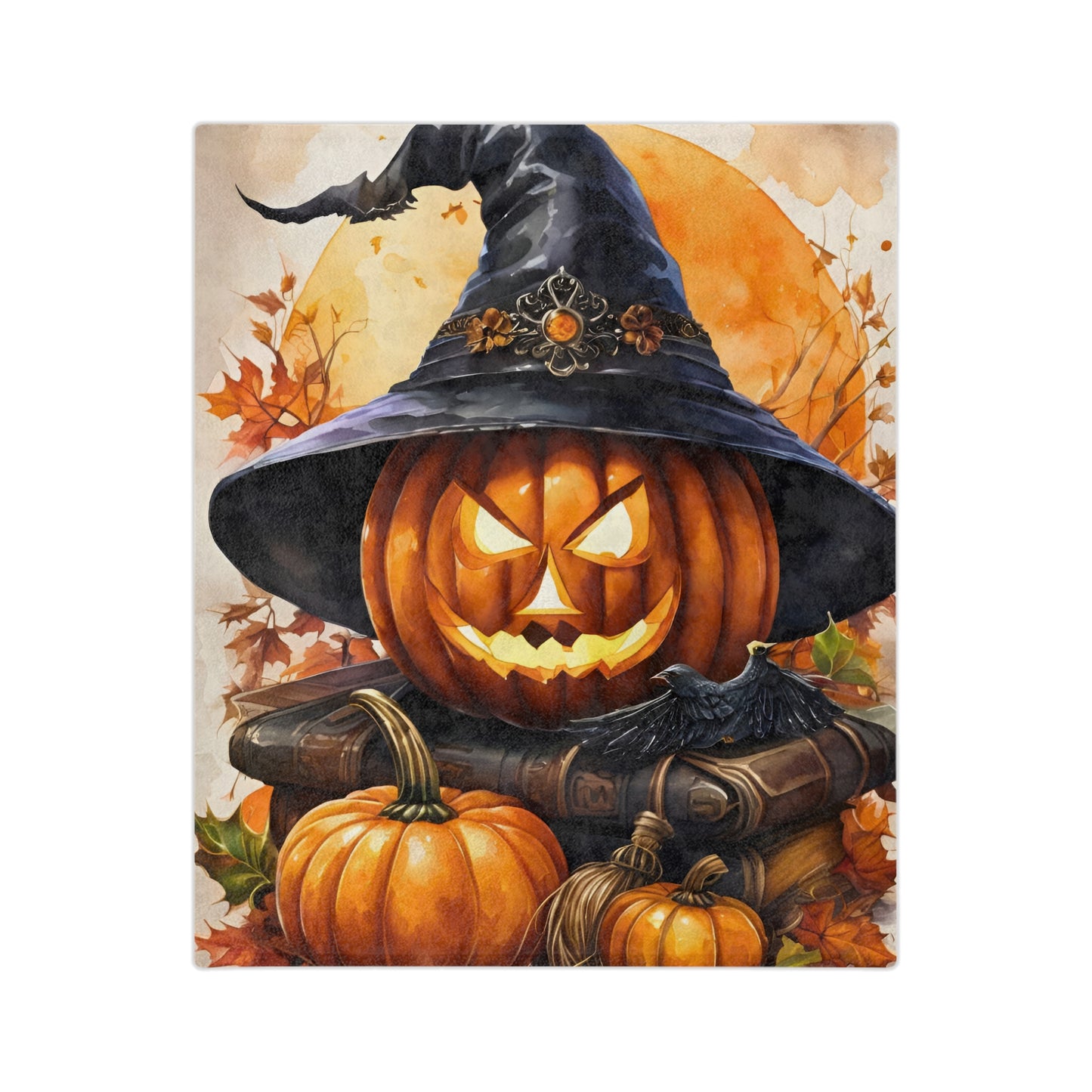 Witch Hat Jack-o'-Lantern & Raven Halloween Plush Blanket