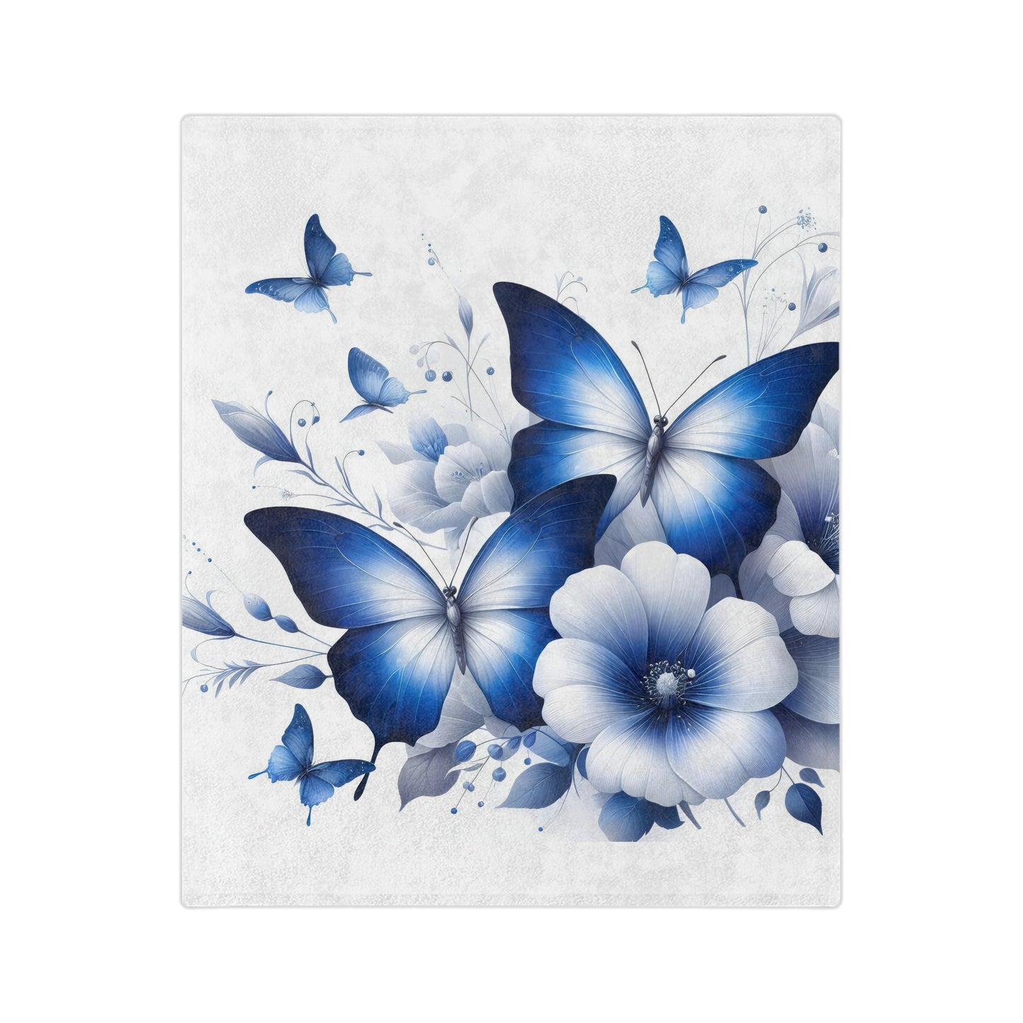 Lightweight white velveteen blanket with a central illustration of elegant blue butterflies flying amongst white and light blue flowers and blue leafy branches.