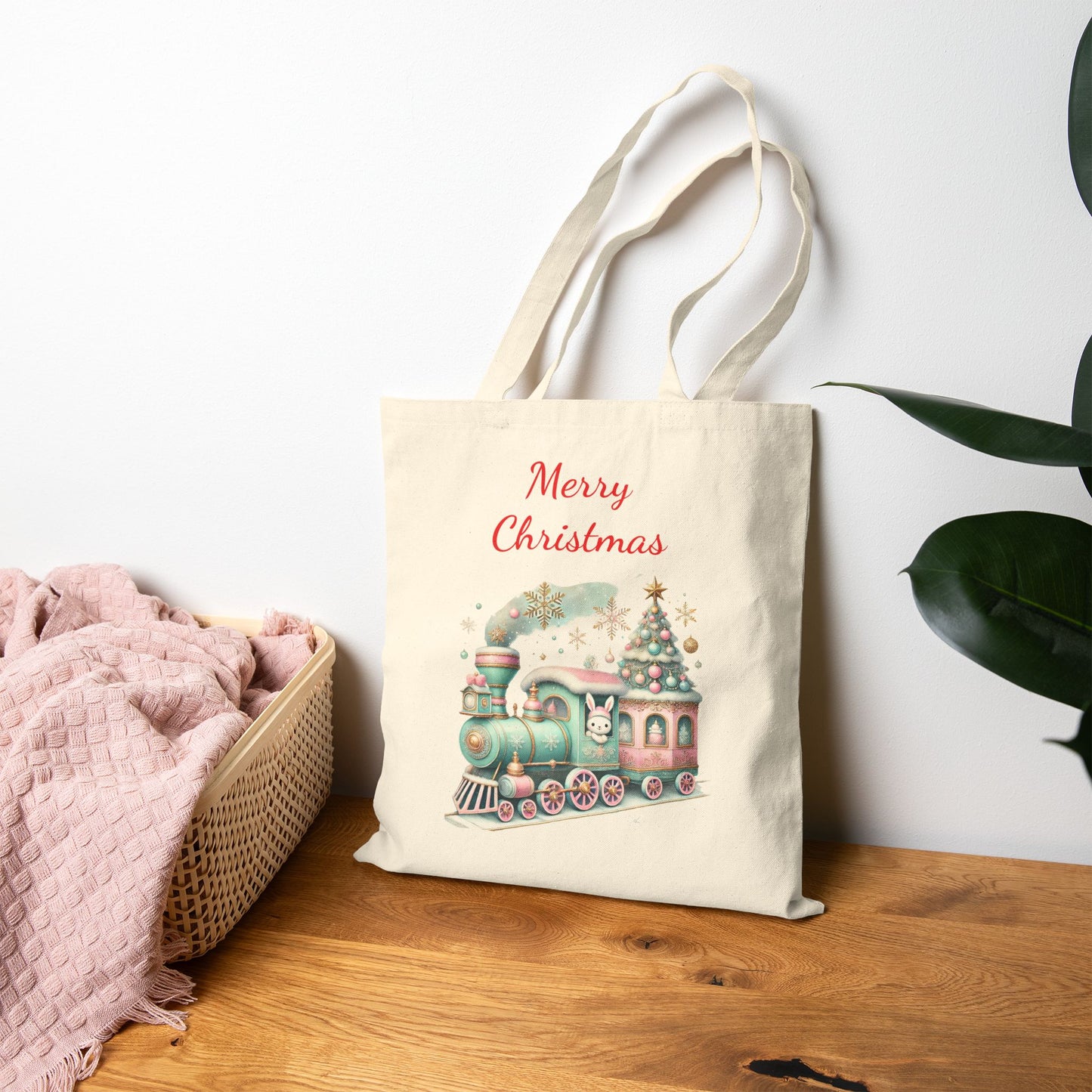 Whimsical Christmas Train with Bunny Tote Bag