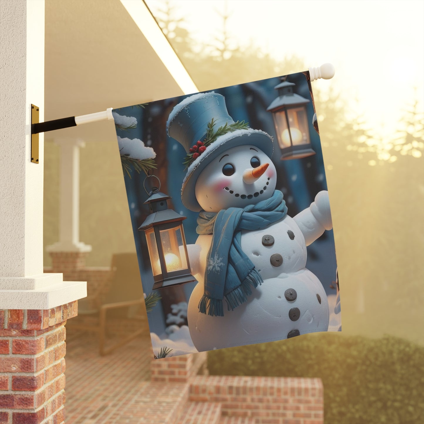 Cheerful Snowman in Blue Garden Flag