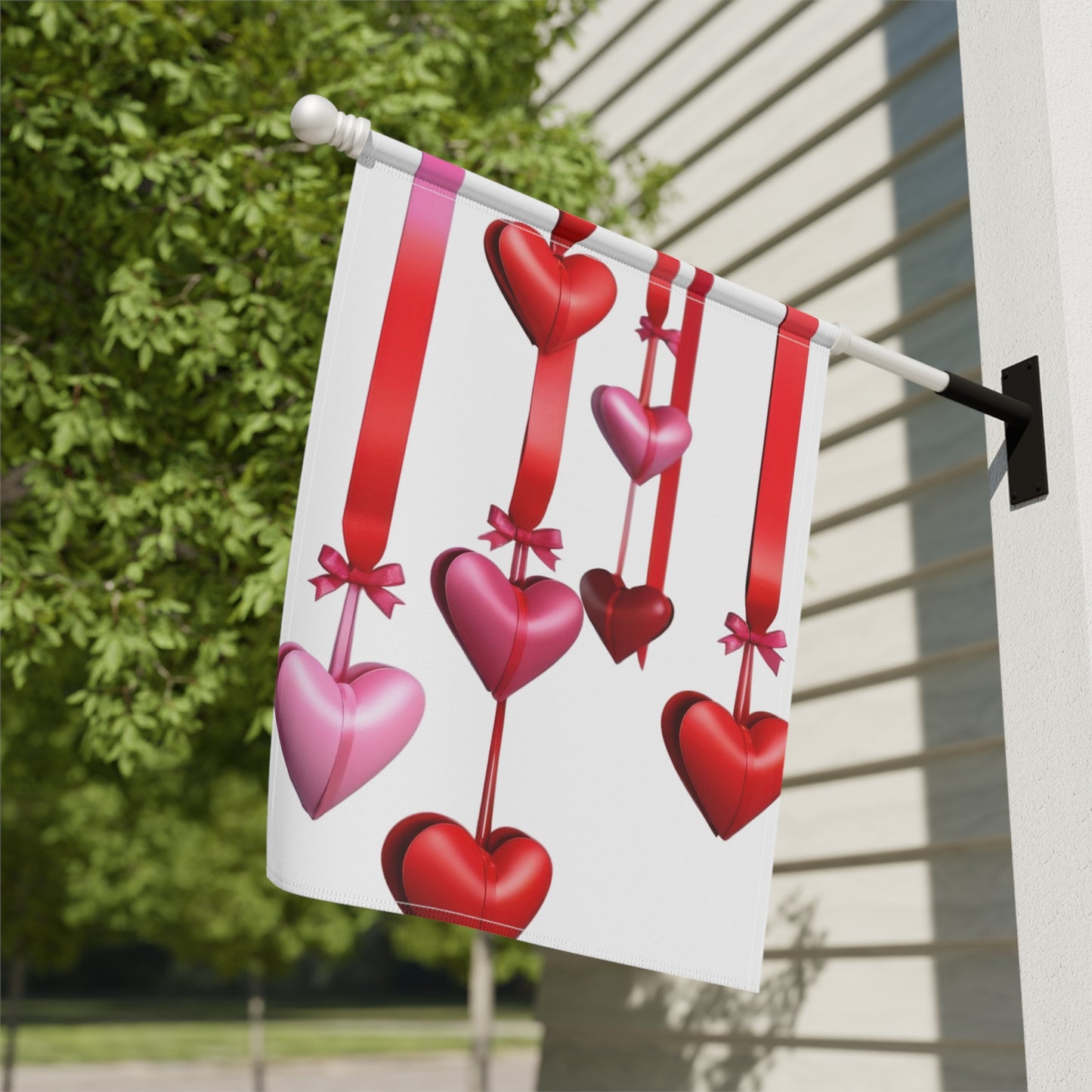 Valentine Garden Flag with Red & Pink Hanging Hearts