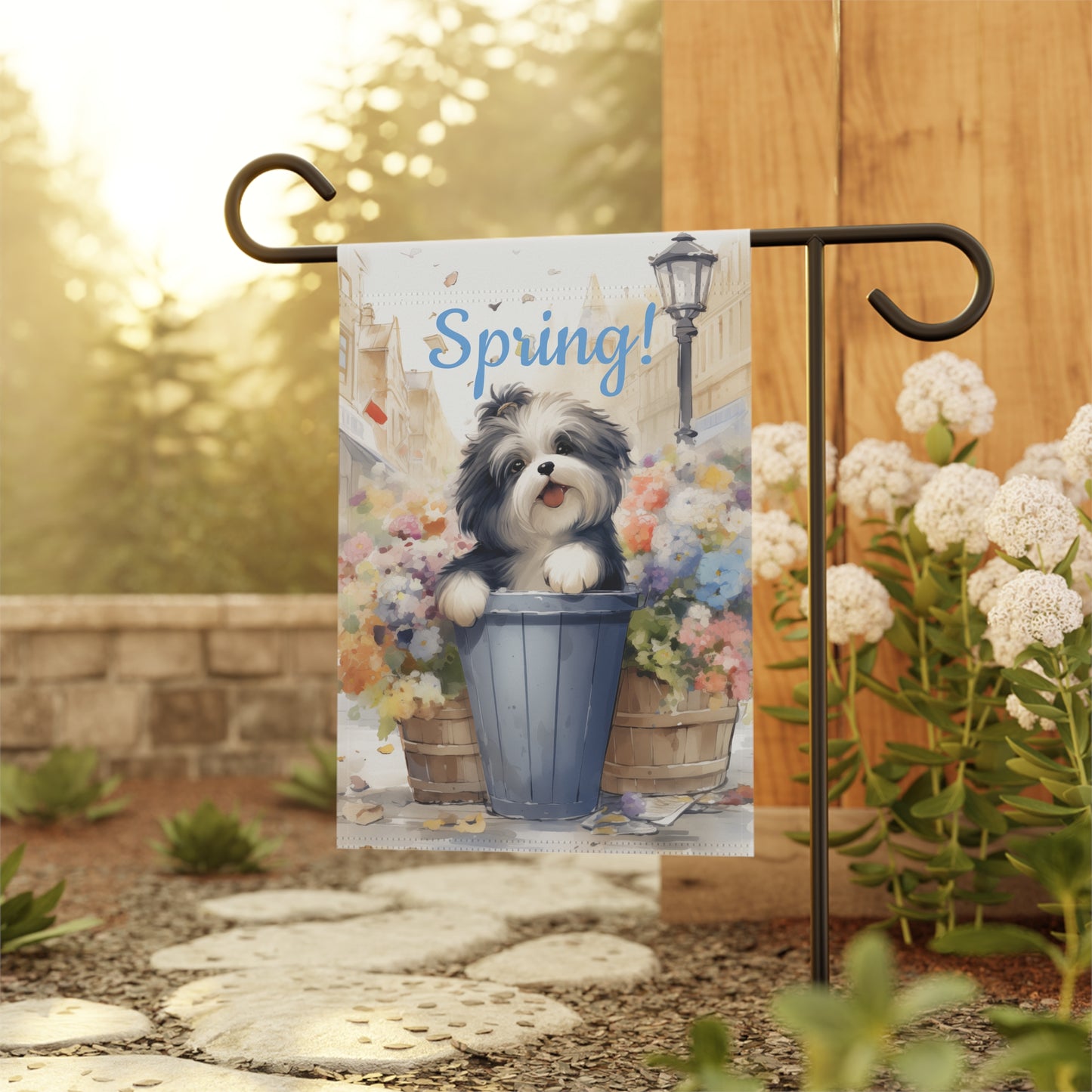 "Spring!" Garden Flag with Cute Dog in Flower Pot