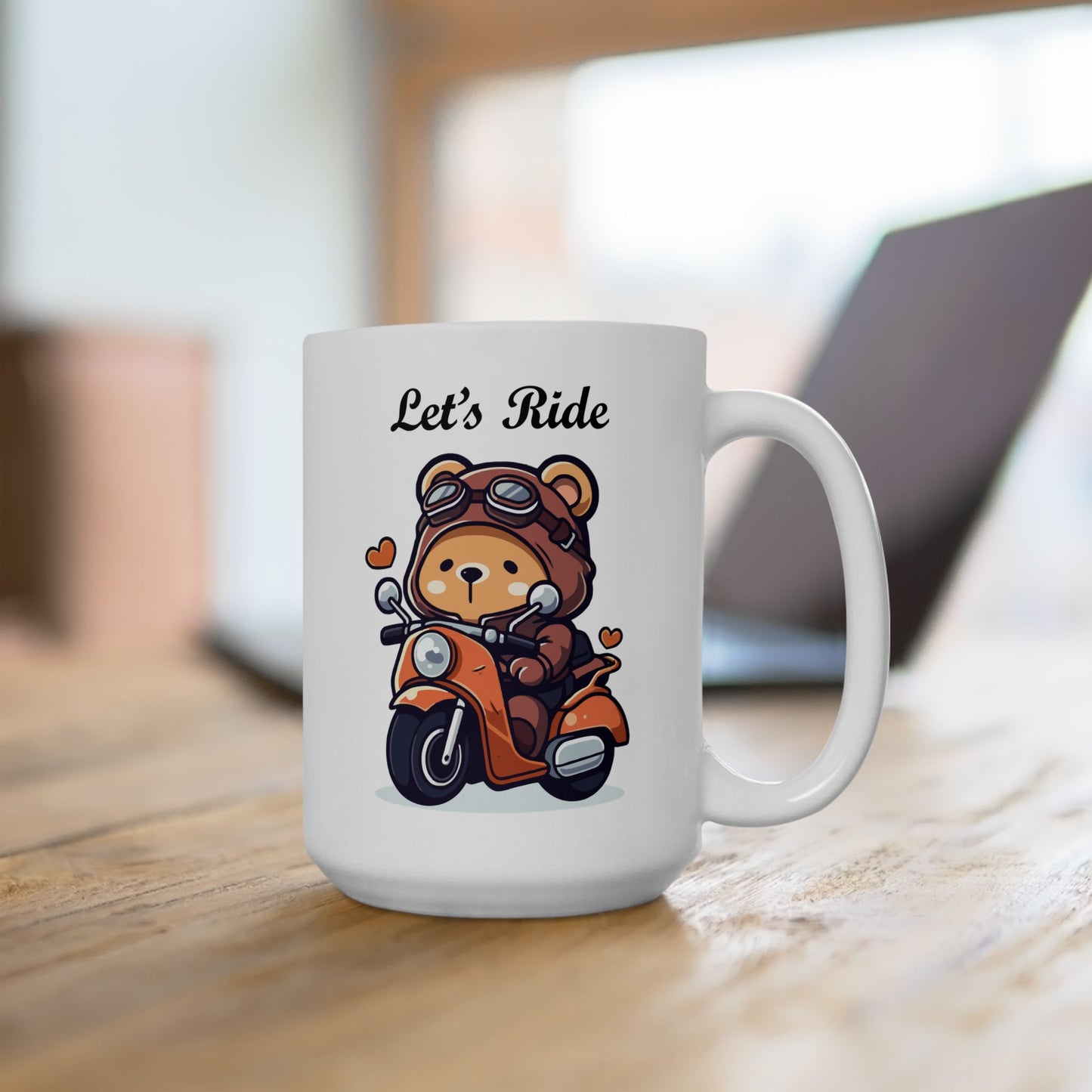 Cute little bear on a motorcycle "Let's Ride" coffee mug