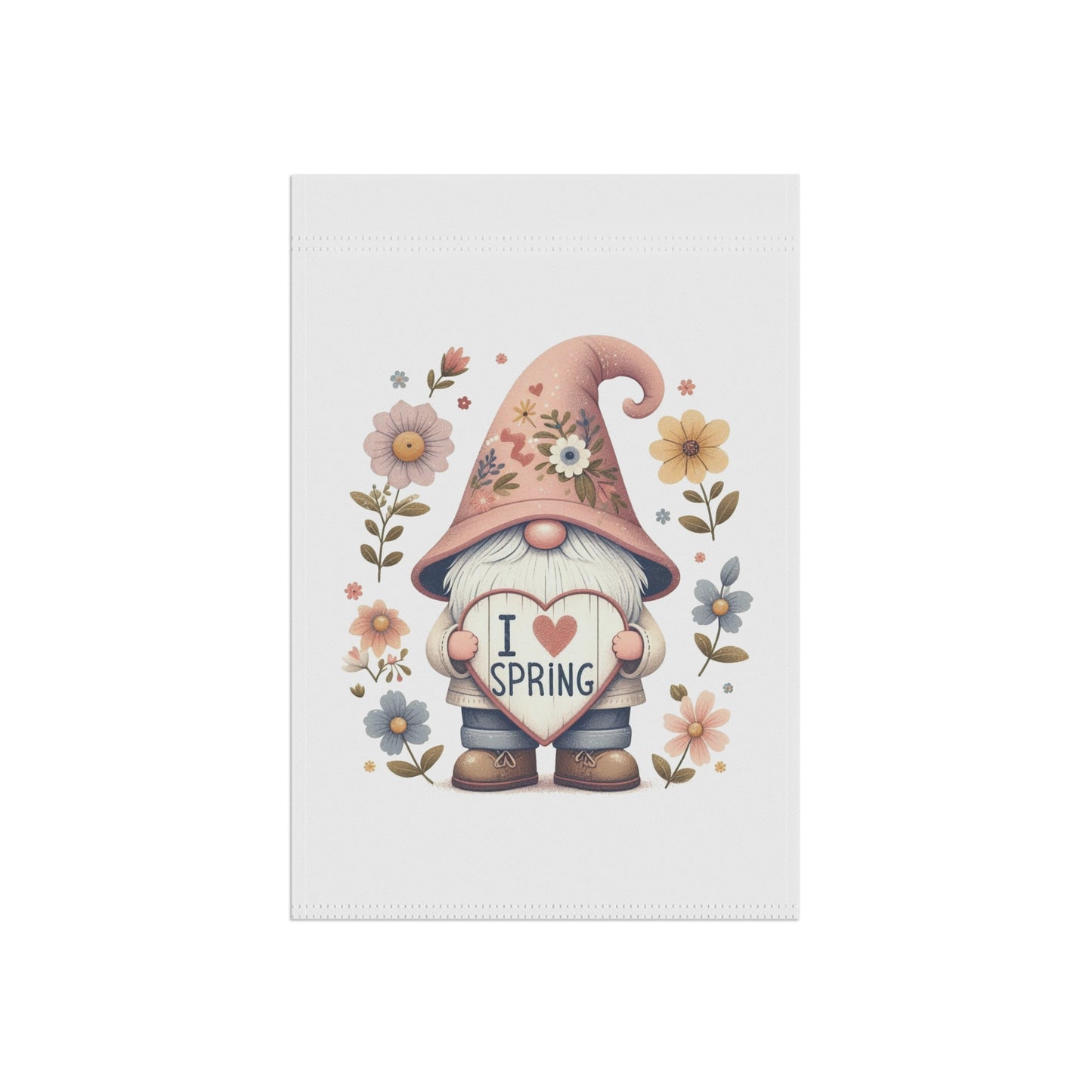 "I Love Spring" Gnome Garden Flag with Floral Hat