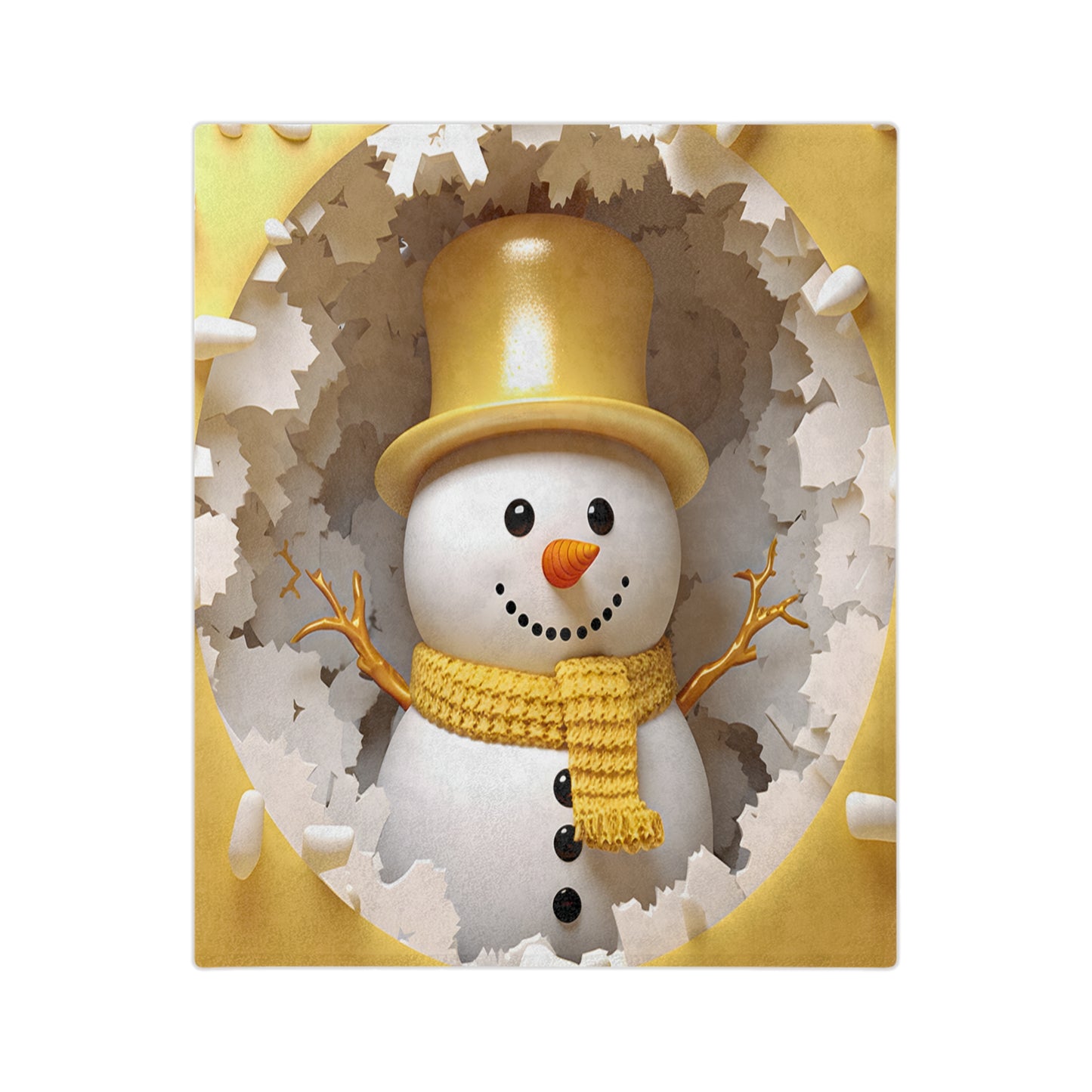 Plush blanket with snowman in yellow top hat and scarf surrounded by snowflakes
