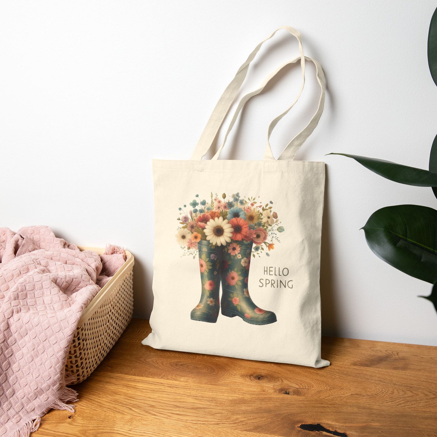 Spring Floral Rain Boots Canvas Tote Bag