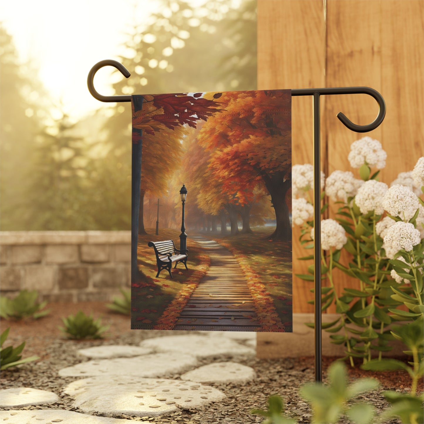 Rustic Autumn Park Path Garden Flag