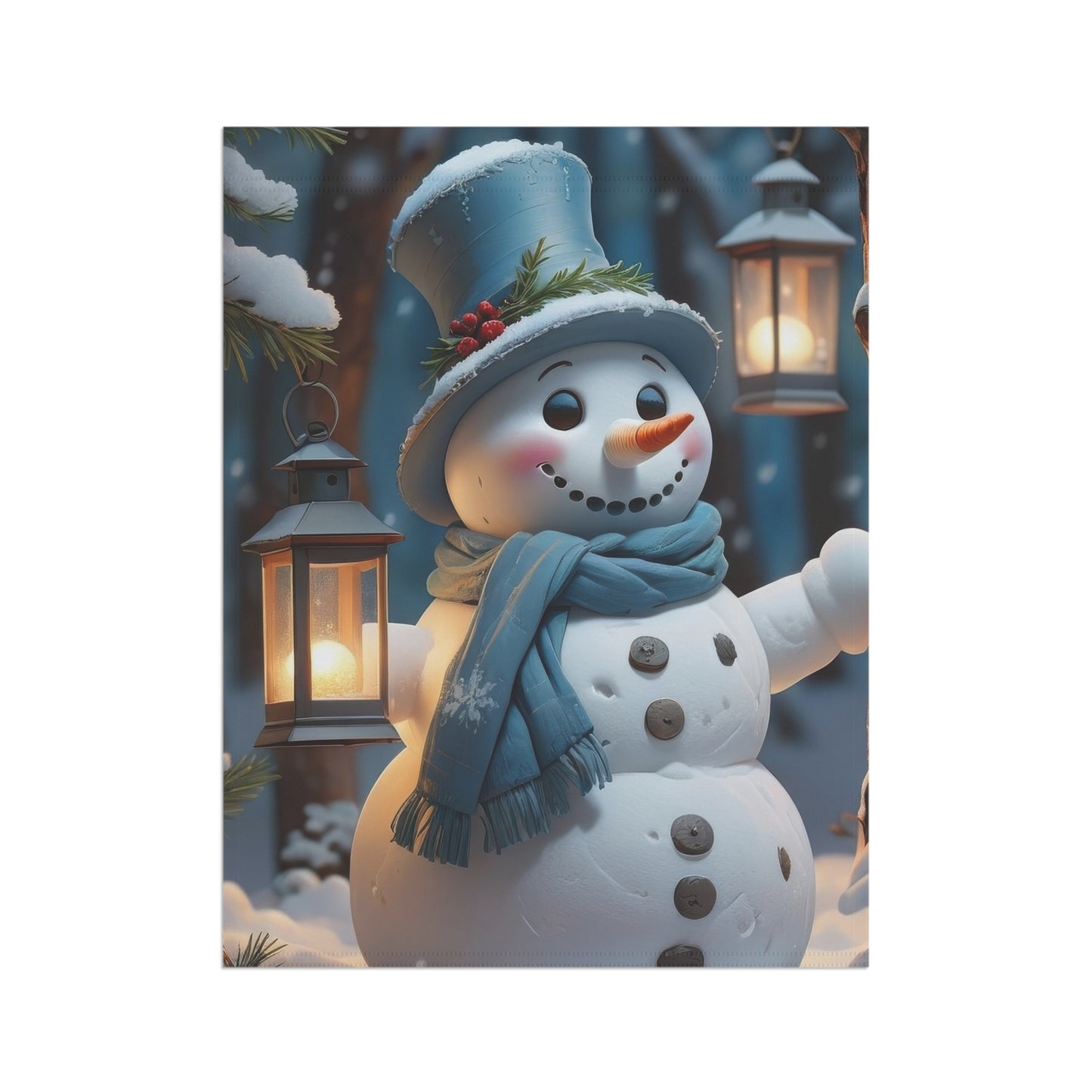 Cheerful Snowman in Blue Garden Flag