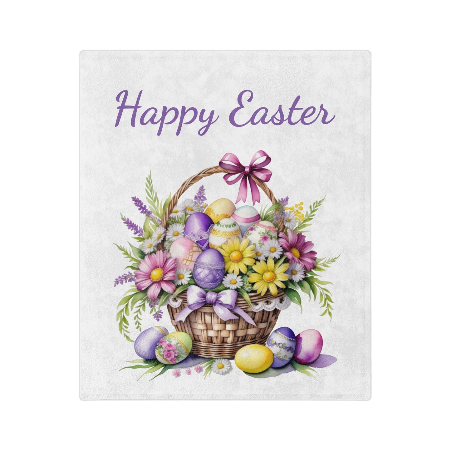 Lightweight white velveteen blanket with an illustration of a basket filled with flowers and decorated Easter eggs, and the text "Happy Easter."
