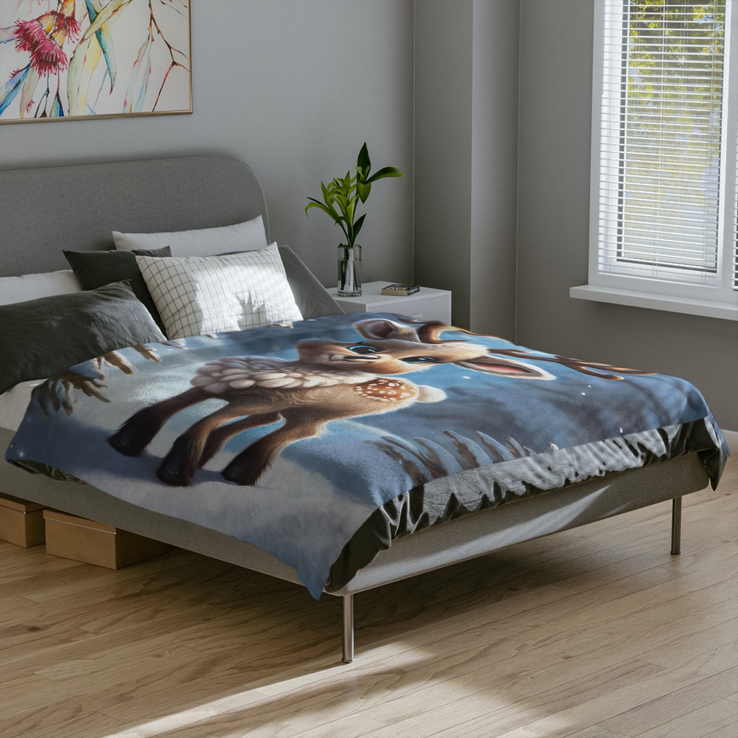 Cozy Velveteen Winter Throw with a Cute Reindeer