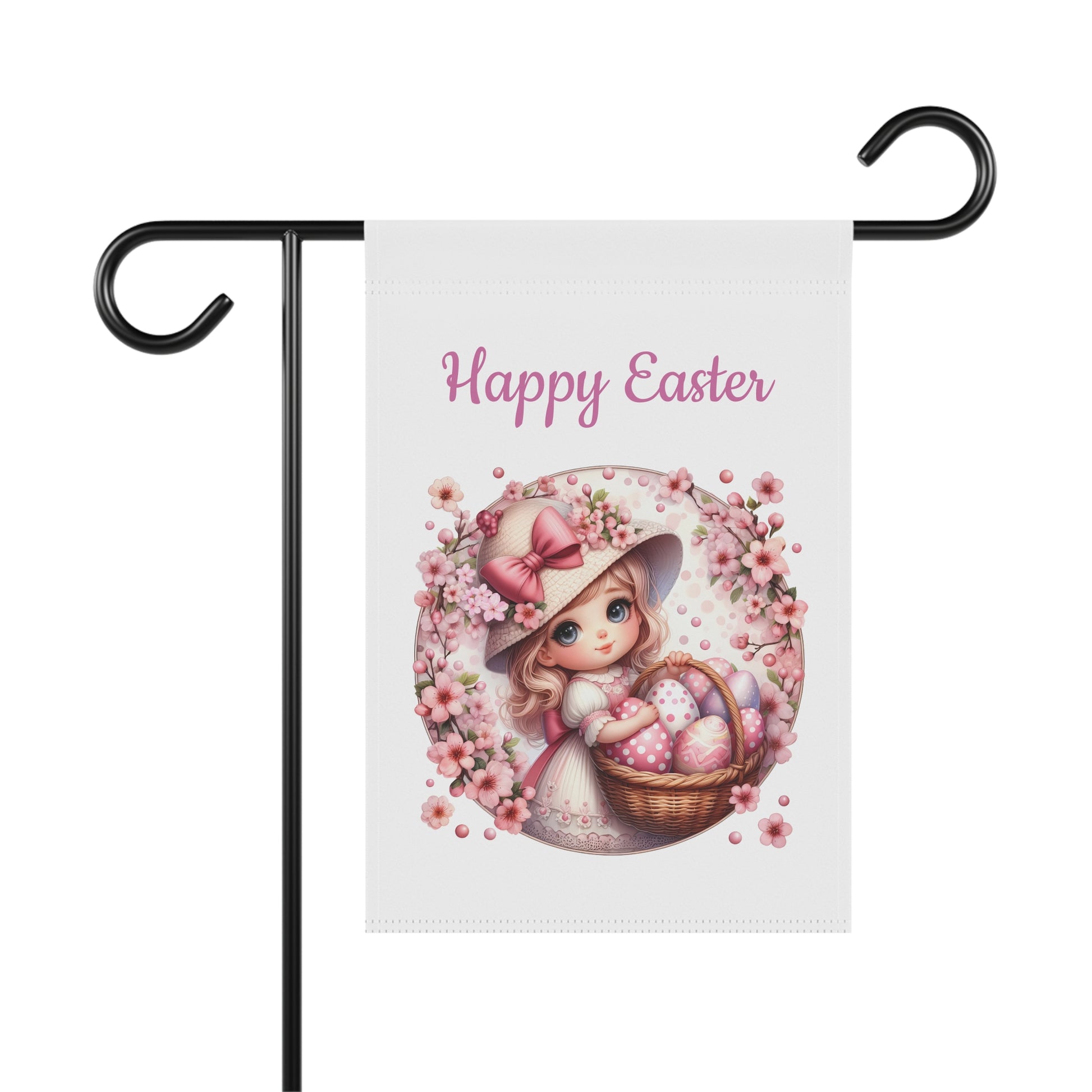 Happy Easter garden flag featuring a charming illustration of a girl in a hat holding a basket of Easter eggs, surrounded by a pink floral wreath. The flag is hanging on a black metal flag holder.