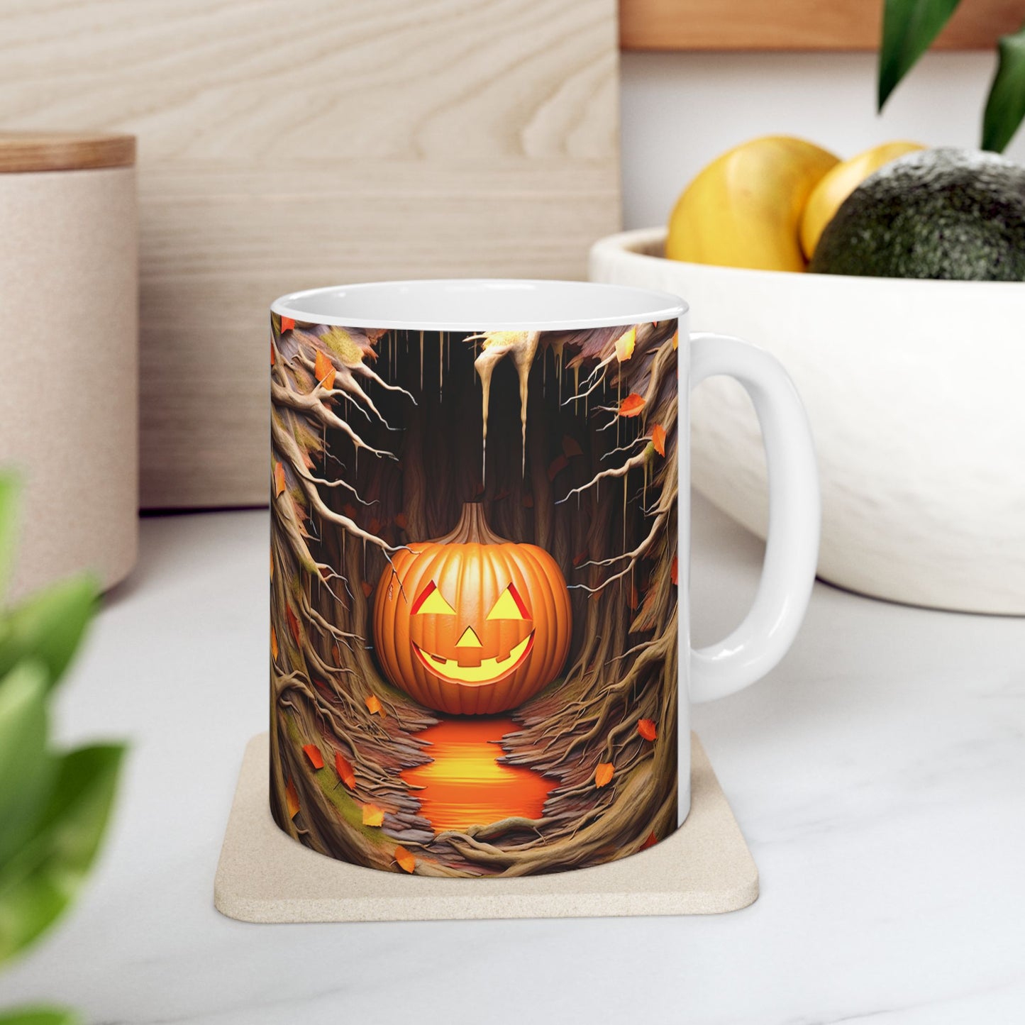 Enchanting 3D Jack-O'-Lantern Tree Cave Coffee Mug