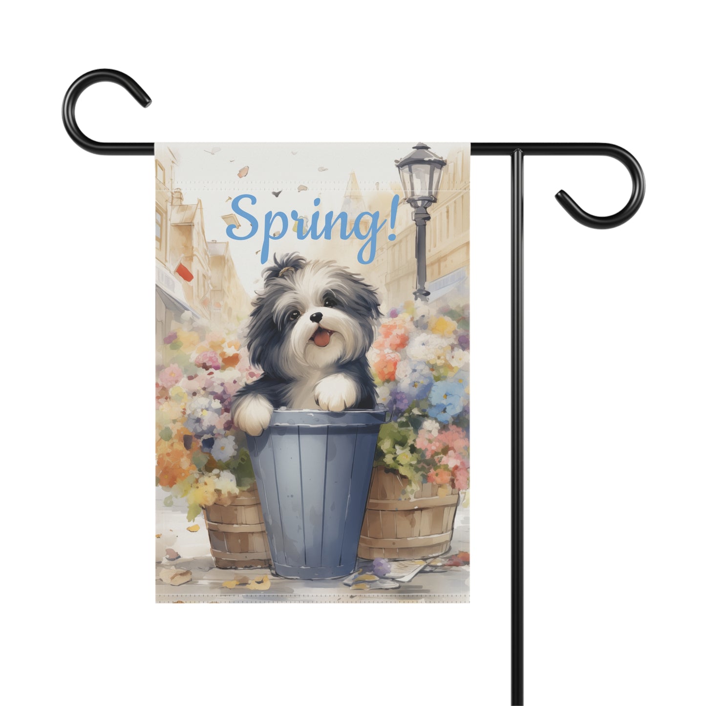 "Spring!" Garden Flag with Cute Dog in Flower Pot