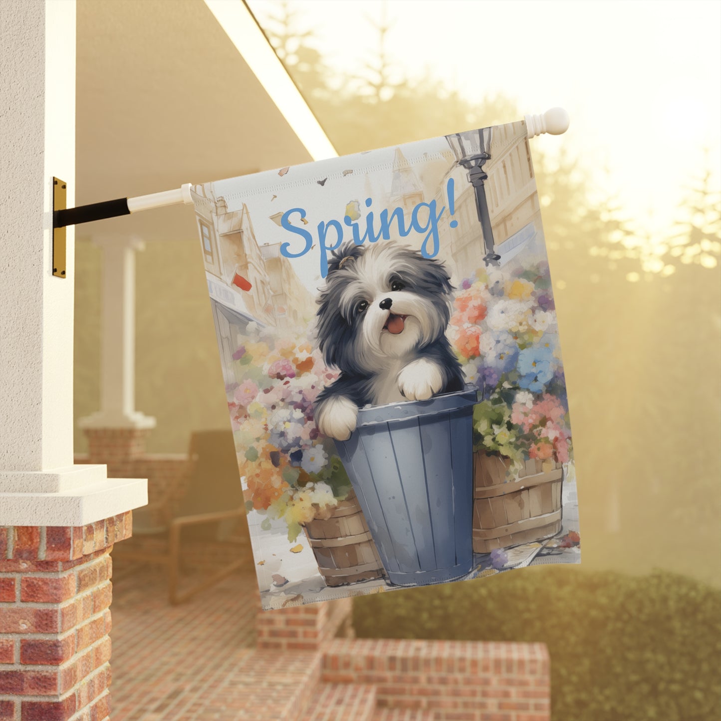 "Spring!" Garden Flag with Cute Dog in Flower Pot