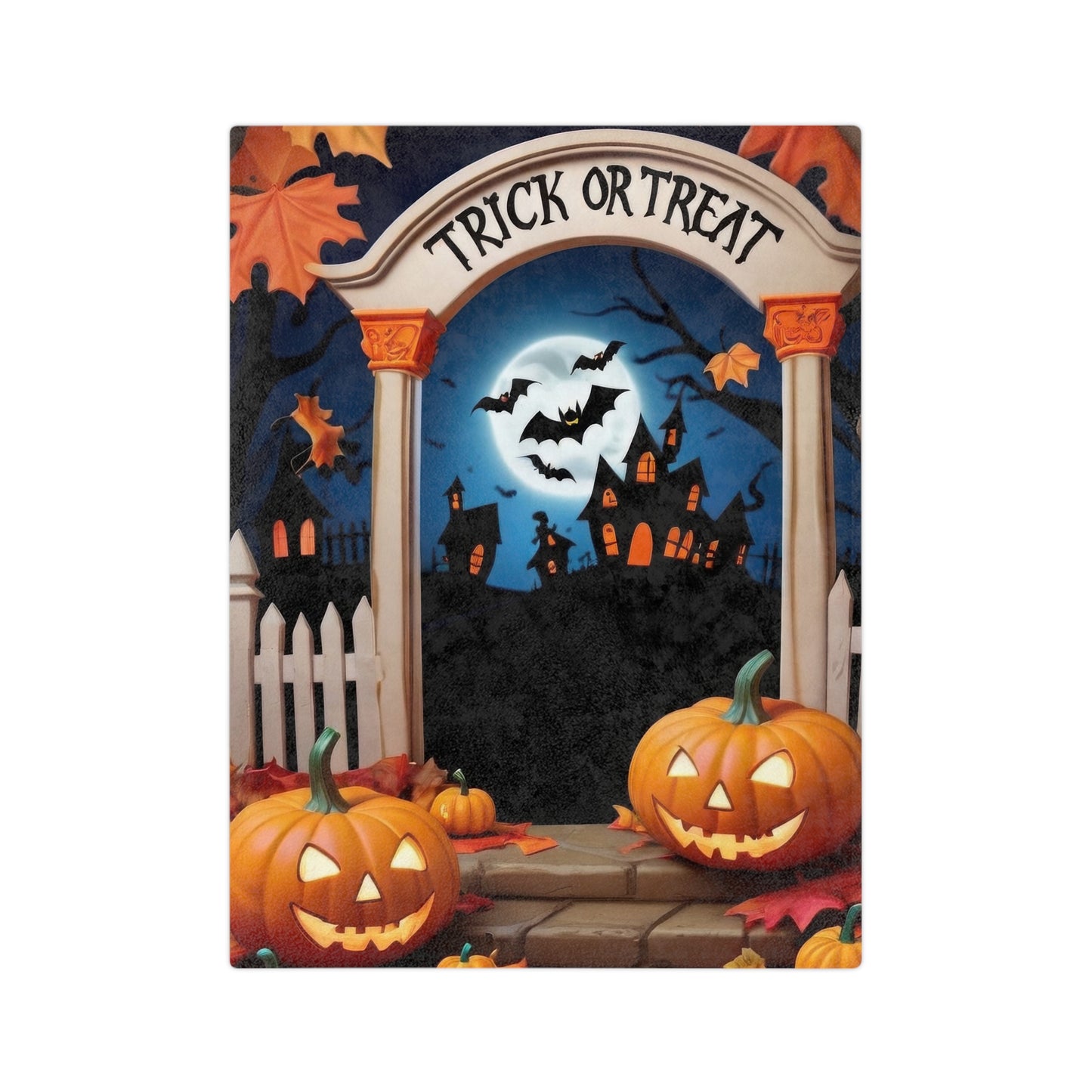Halloween blanket with haunted house, full moon, bats, jack-o'-lanterns, and "Trick or Treat" archway, spooky autumn decor.