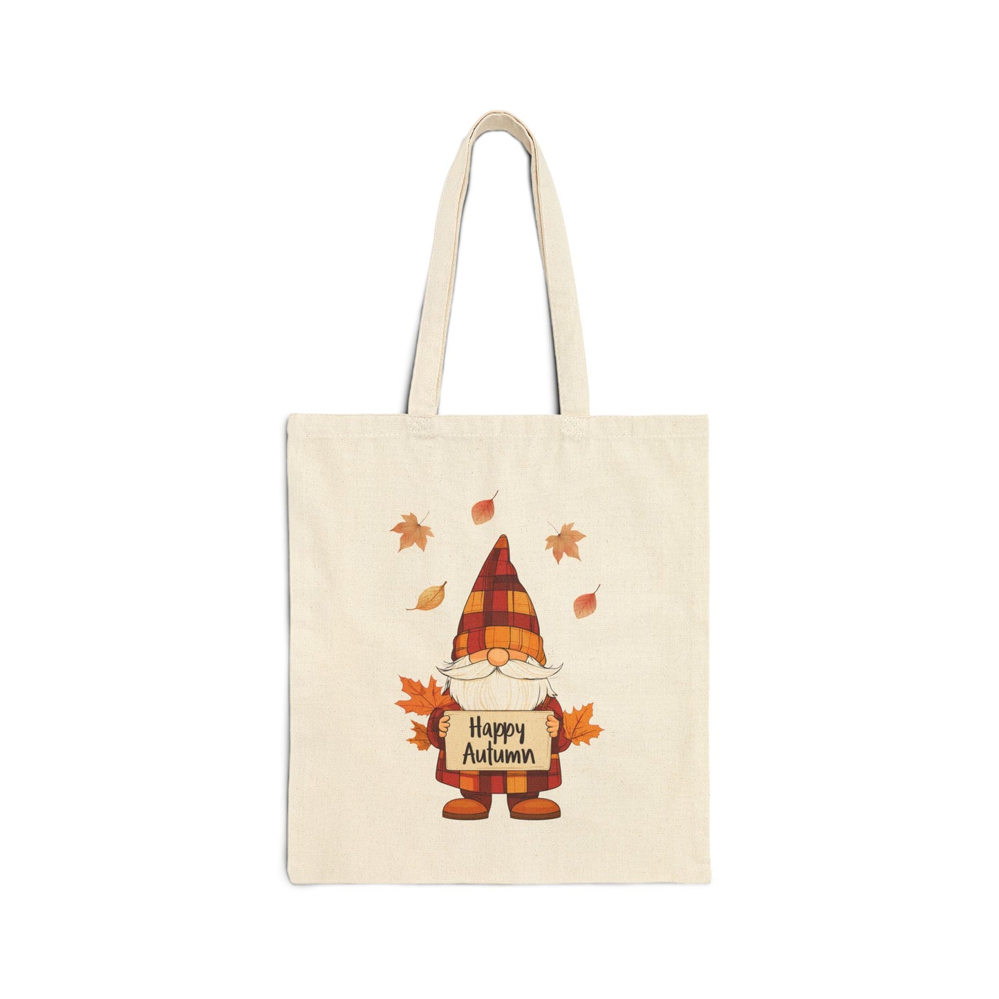 Canvas tote bag with a plaid gnome holding a "Happy Autumn" sign