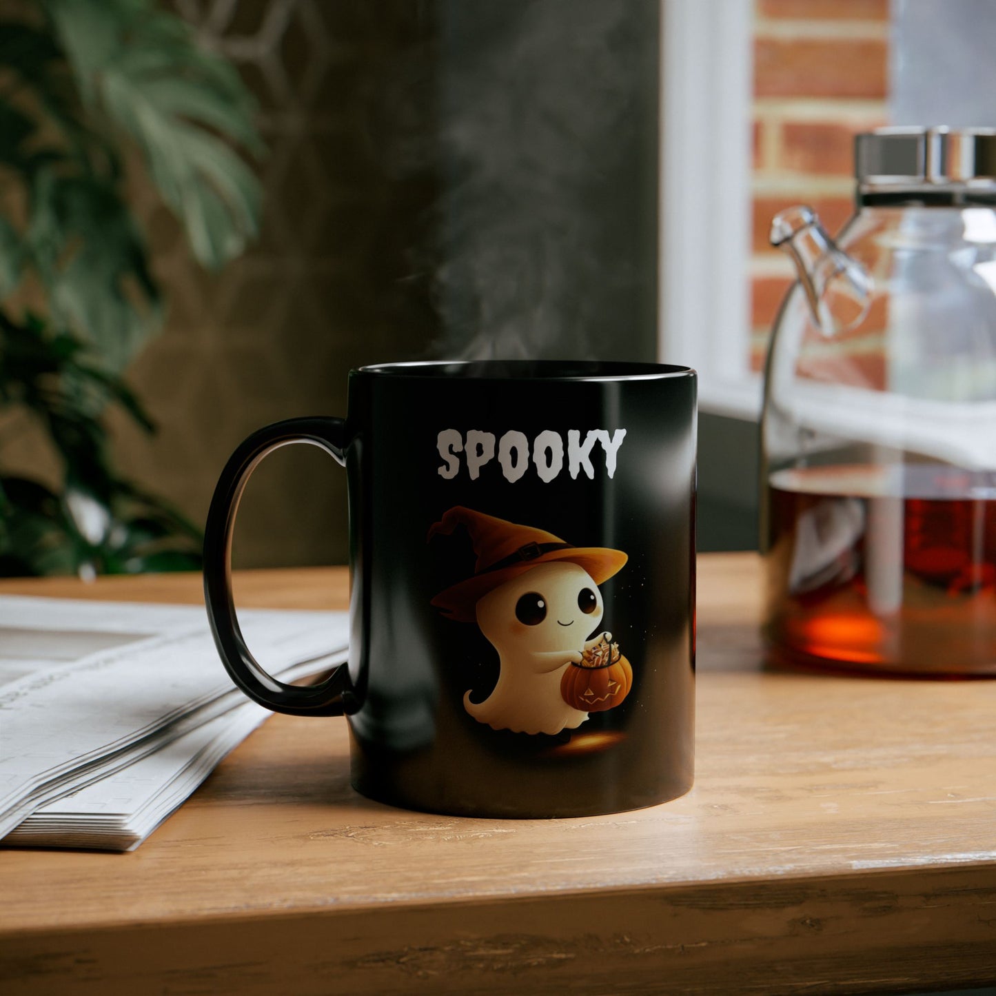 SPOOKY" Cute Ghost & Witch Hat Black Coffee Mug