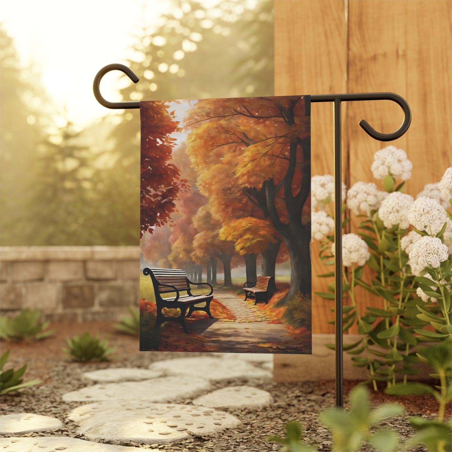 Golden Autumn Park Pathway Garden Flag