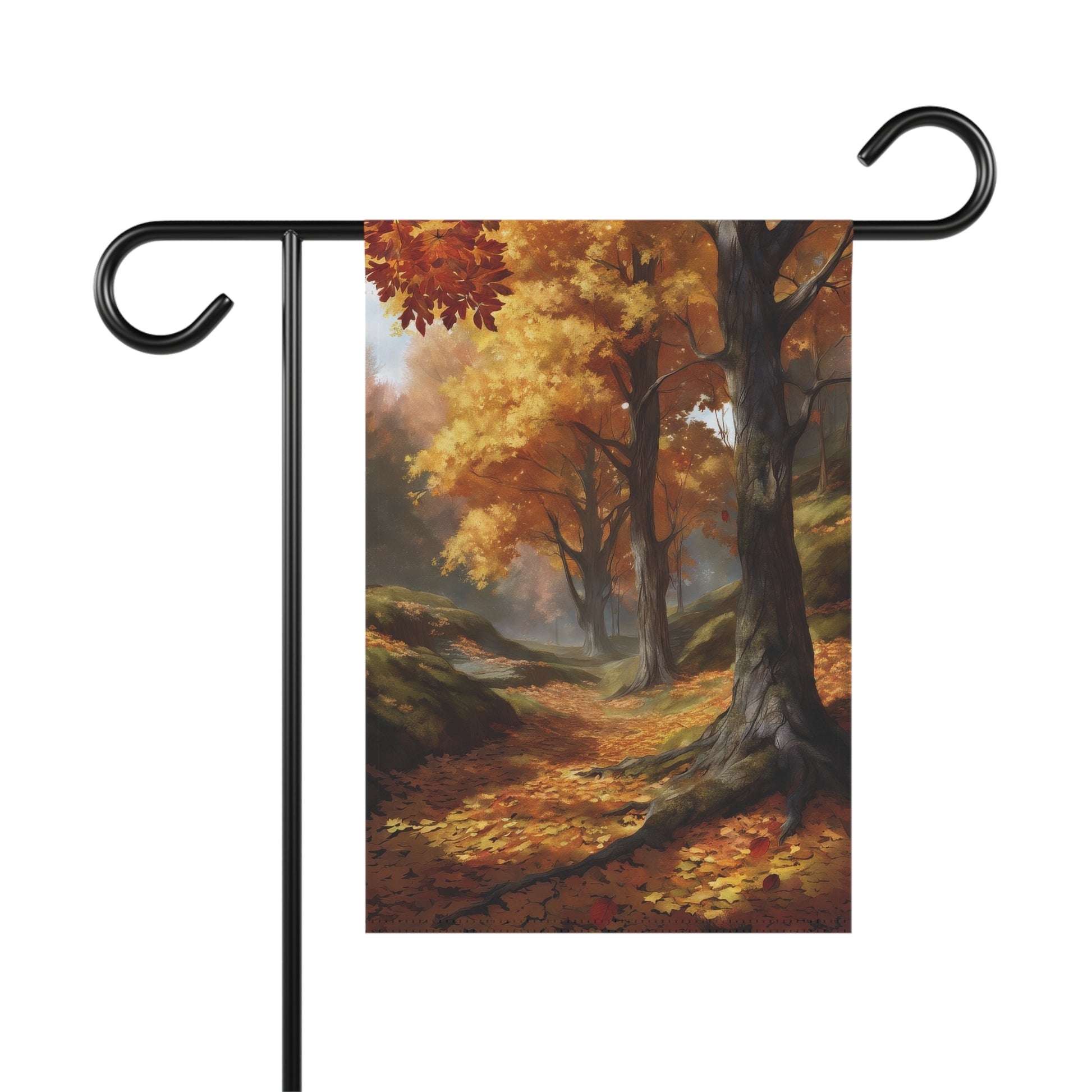 Garden flag depicting a scenic autumn forest path covered in fallen orange and yellow leaves, surrounded by tall trees with vibrant fall foliage.