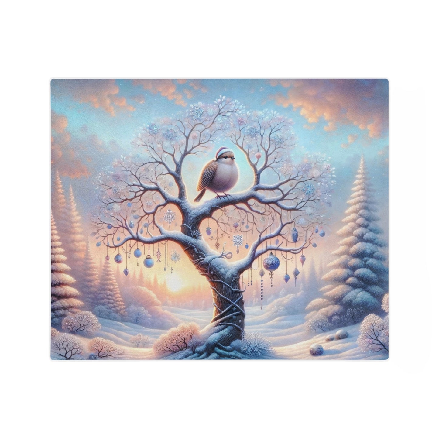A cute bird with a Santa hat perched on a snowy, gnarled tree decorated with blue ornaments and snowflakes in a magical winter forest with a pastel sky.