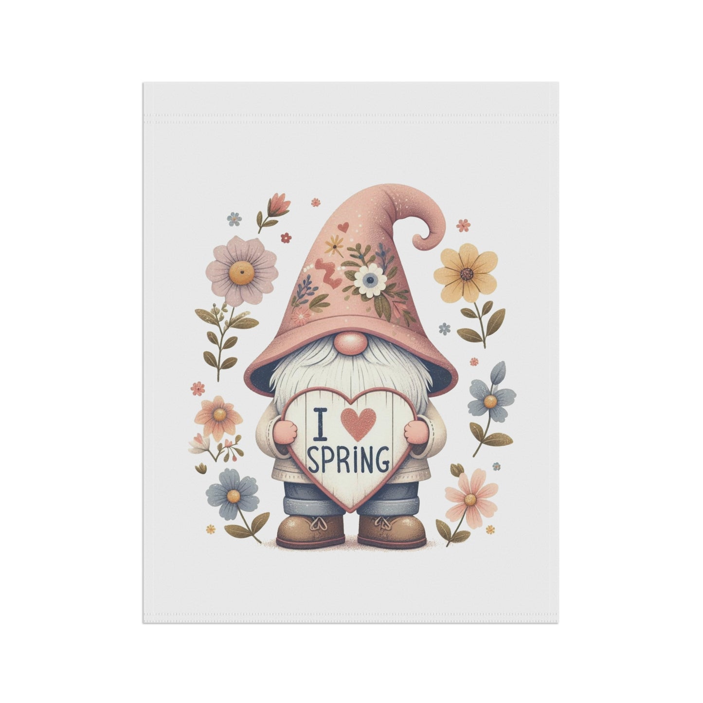 "I Love Spring" Gnome Garden Flag with Floral Hat