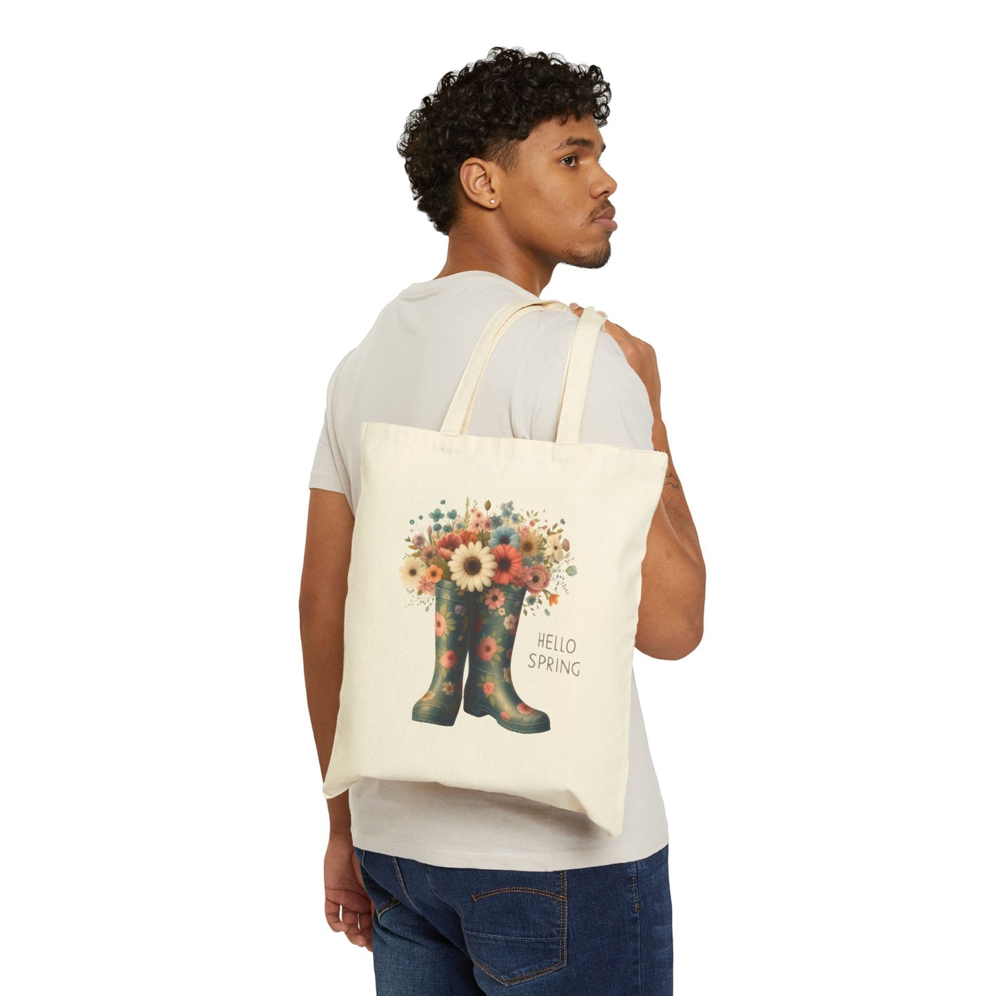 Spring Floral Rain Boots Canvas Tote Bag