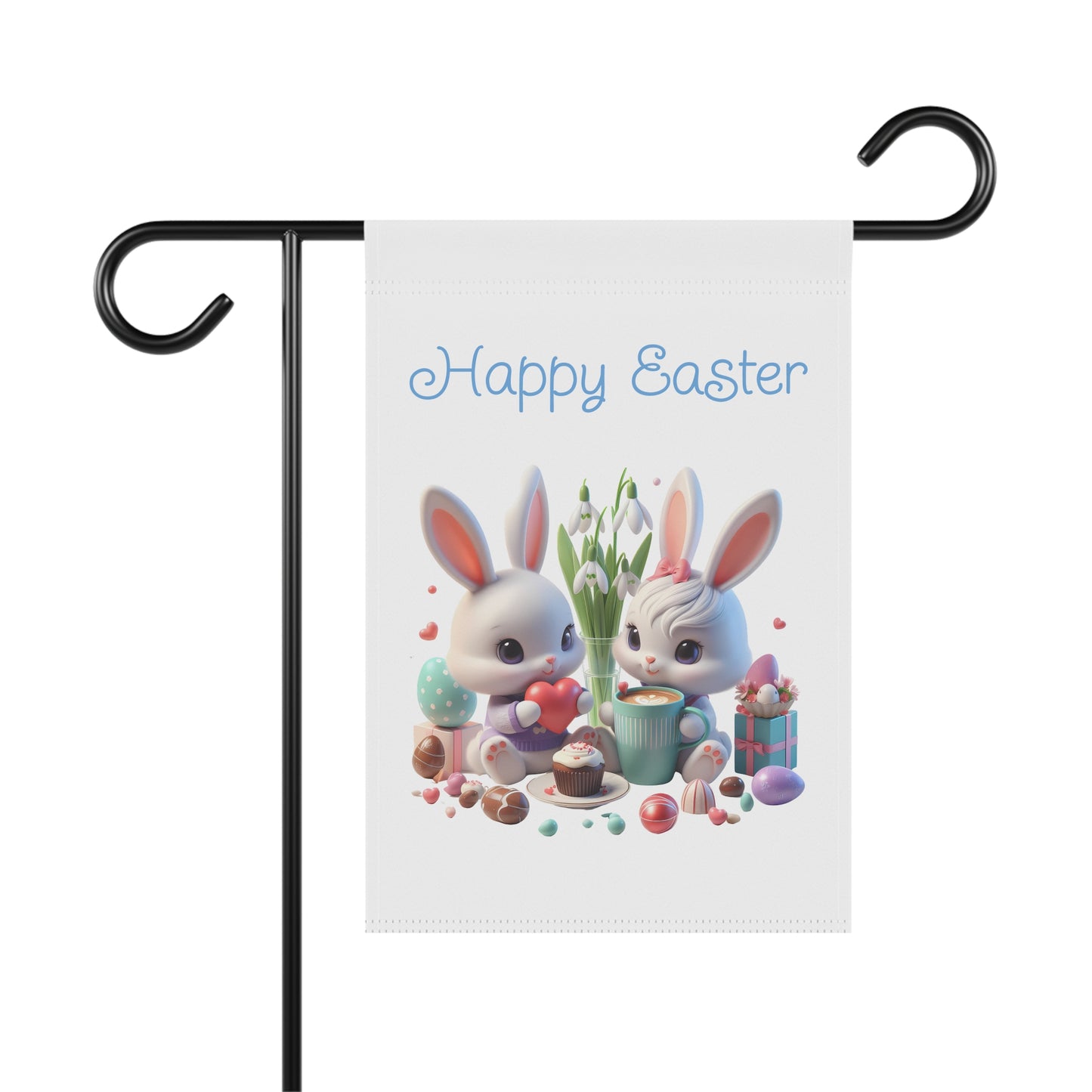 Happy Easter garden flag with a charming illustration of two cute cartoon rabbits surrounded by Easter eggs, a cupcake, and a gift, hanging on a black metal flag holder.