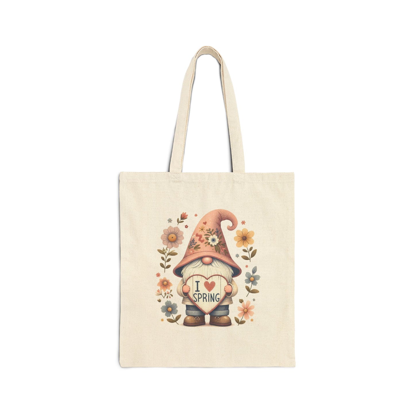 Canvas tote bag with a watercolor-style print of a garden gnome with a pink floral hat, holding a heart that says "I Love Spring."