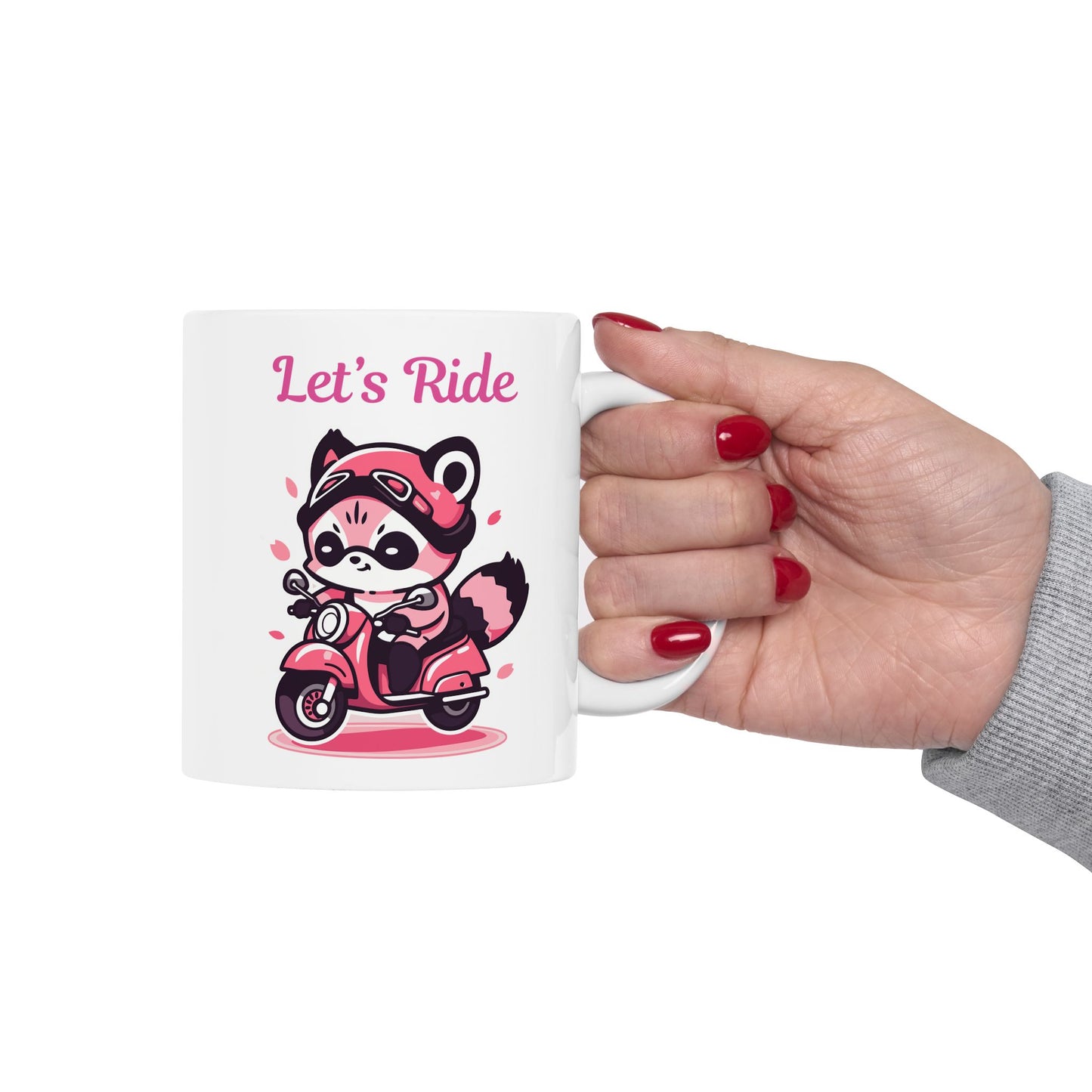 Racoon on a pink motorcycle "Let's Ride" coffee mug