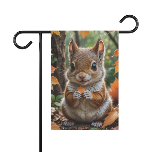 Adorable squirrel holding a leaf surrounded by colorful autumn foliage on a garden flag