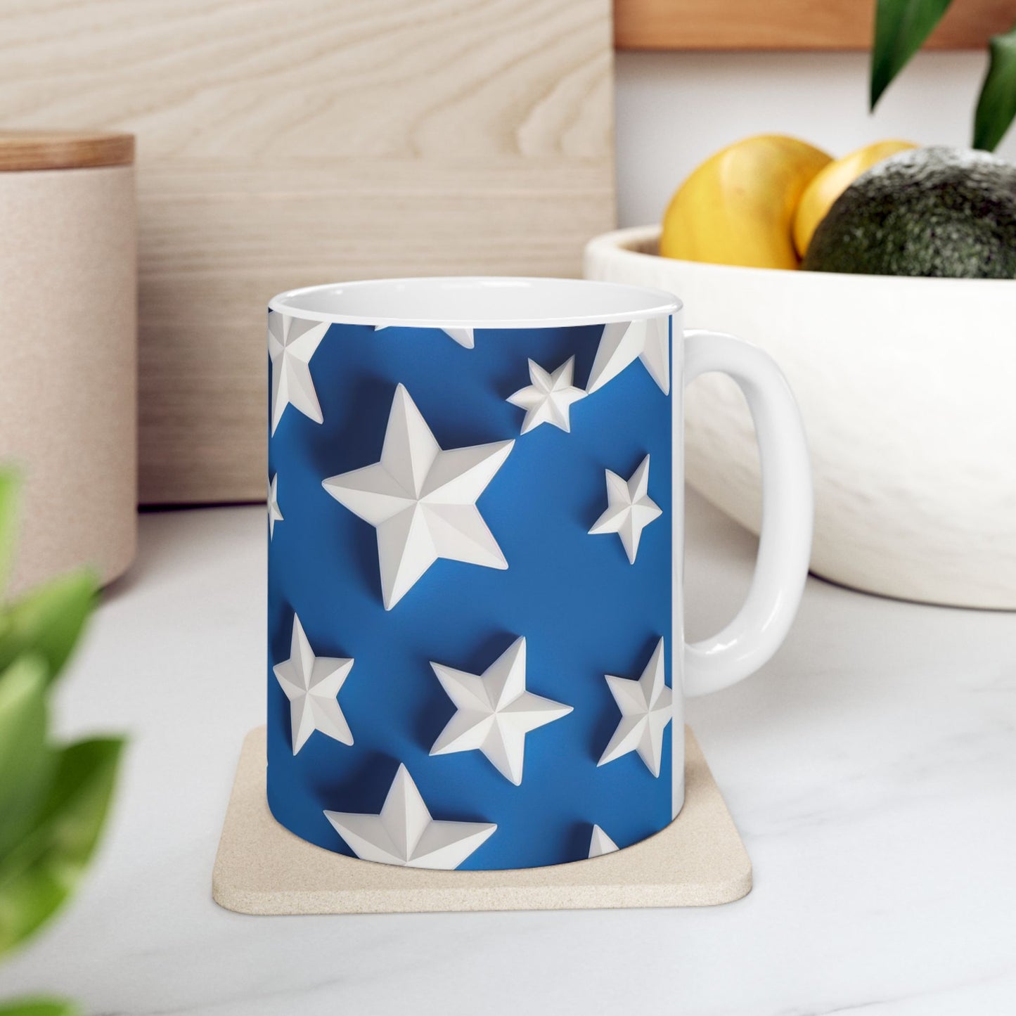 3D White Stars on Blue Coffee Mug