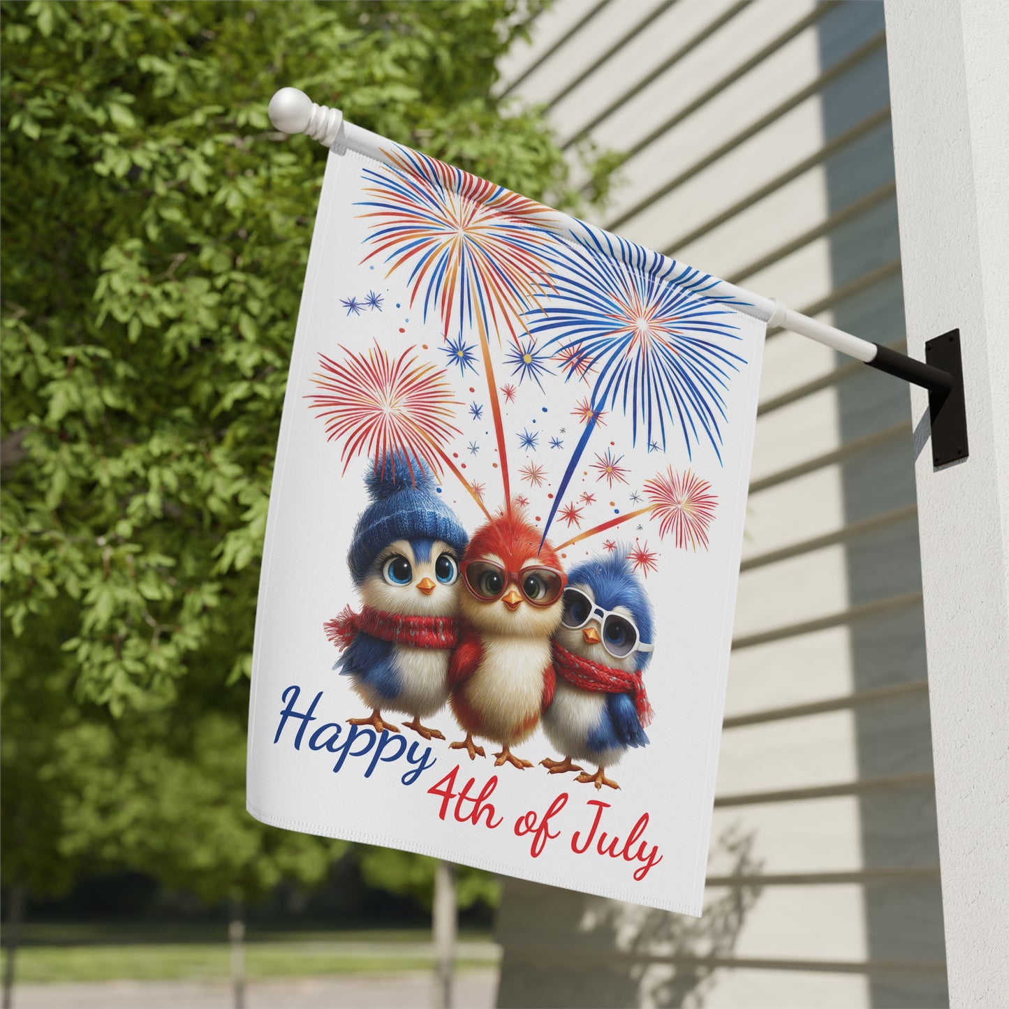 Cute Bird Trio Patriotic 4th of July Garden Flag