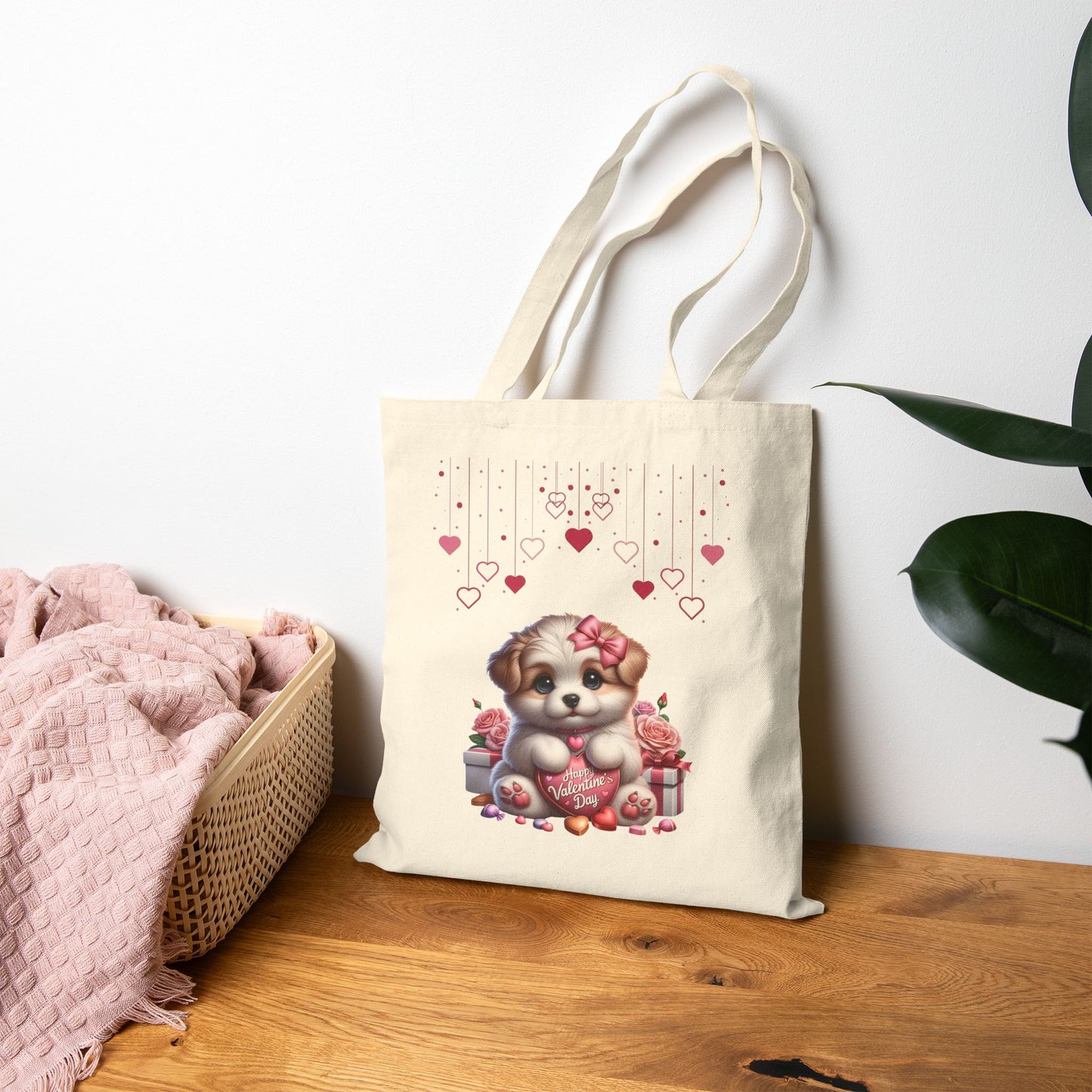 Happy Valentine's Day Puppy Canvas Tote Bag with Love Heart