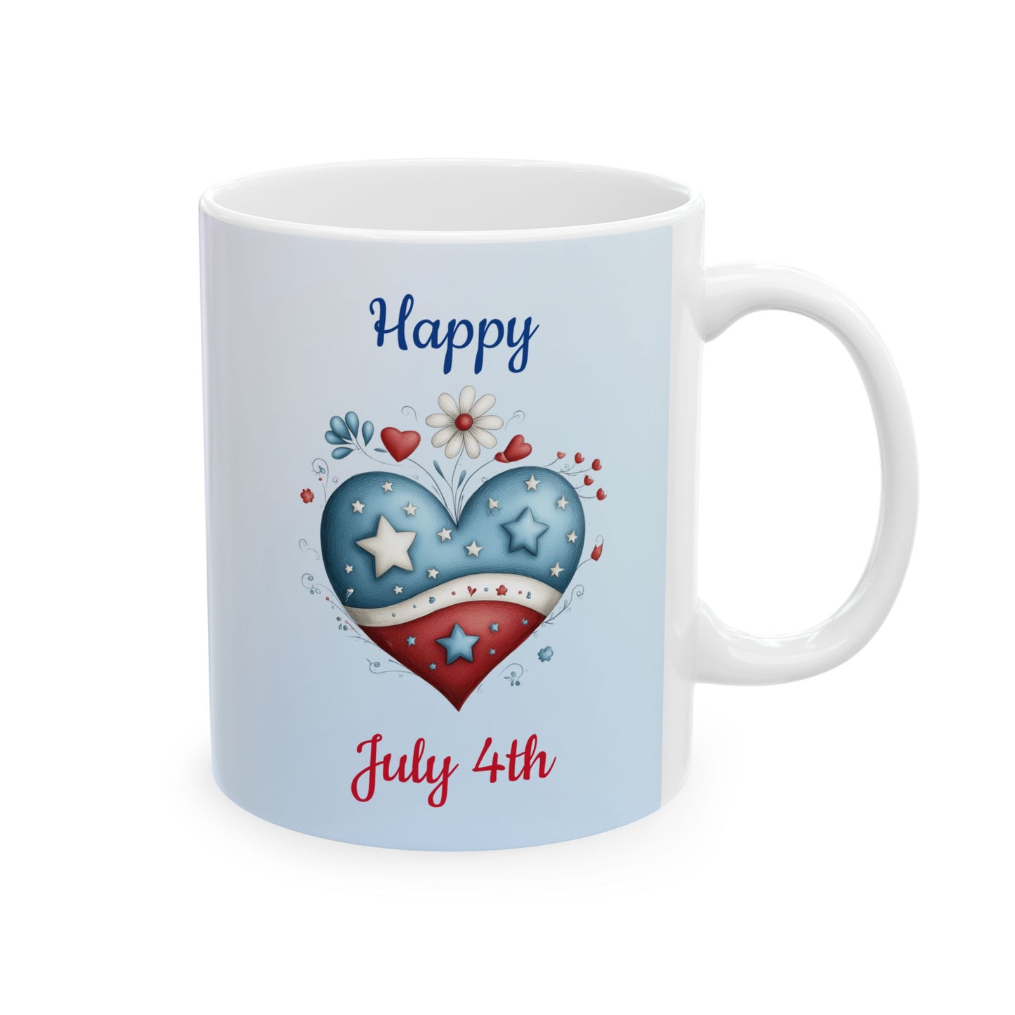 White ceramic coffee mug with 'Happy' in blue and 'July 4th' in red text, featuring a large, decorative red, white, and blue heart surrounded by white flowers and small hearts