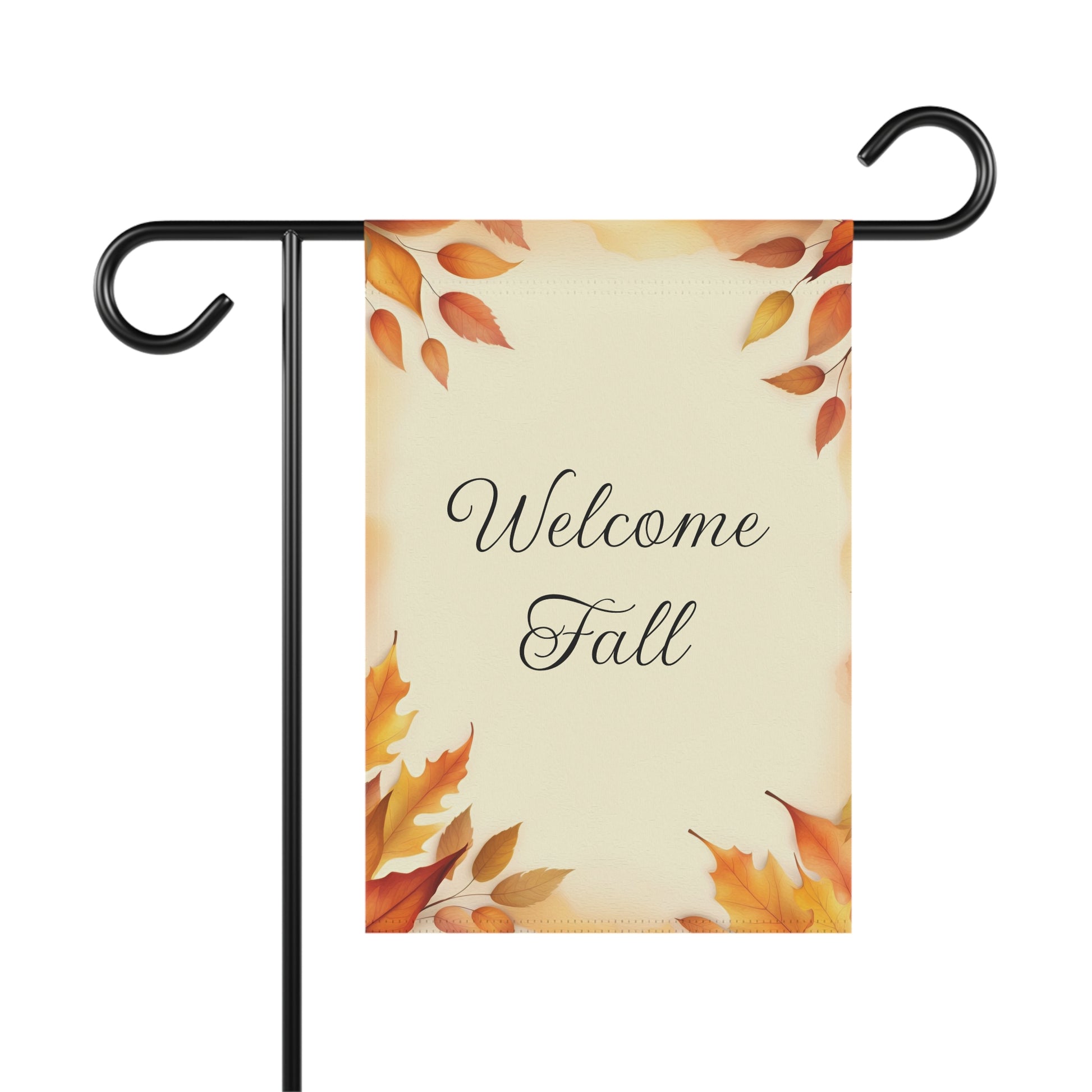 Welcome Fall garden flag with elegant autumn leaves border and cream background