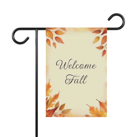 Welcome Fall garden flag with elegant autumn leaves border and cream background