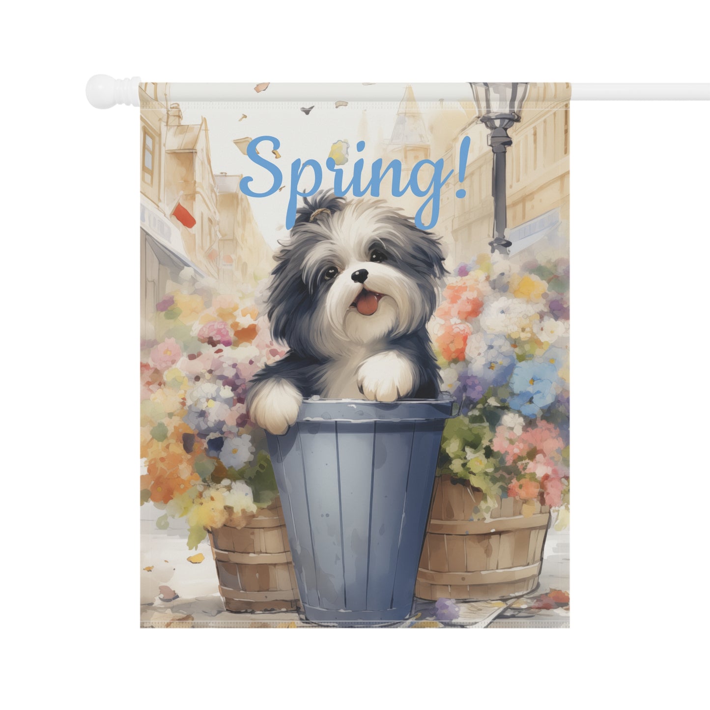 "Spring!" Garden Flag with Cute Dog in Flower Pot