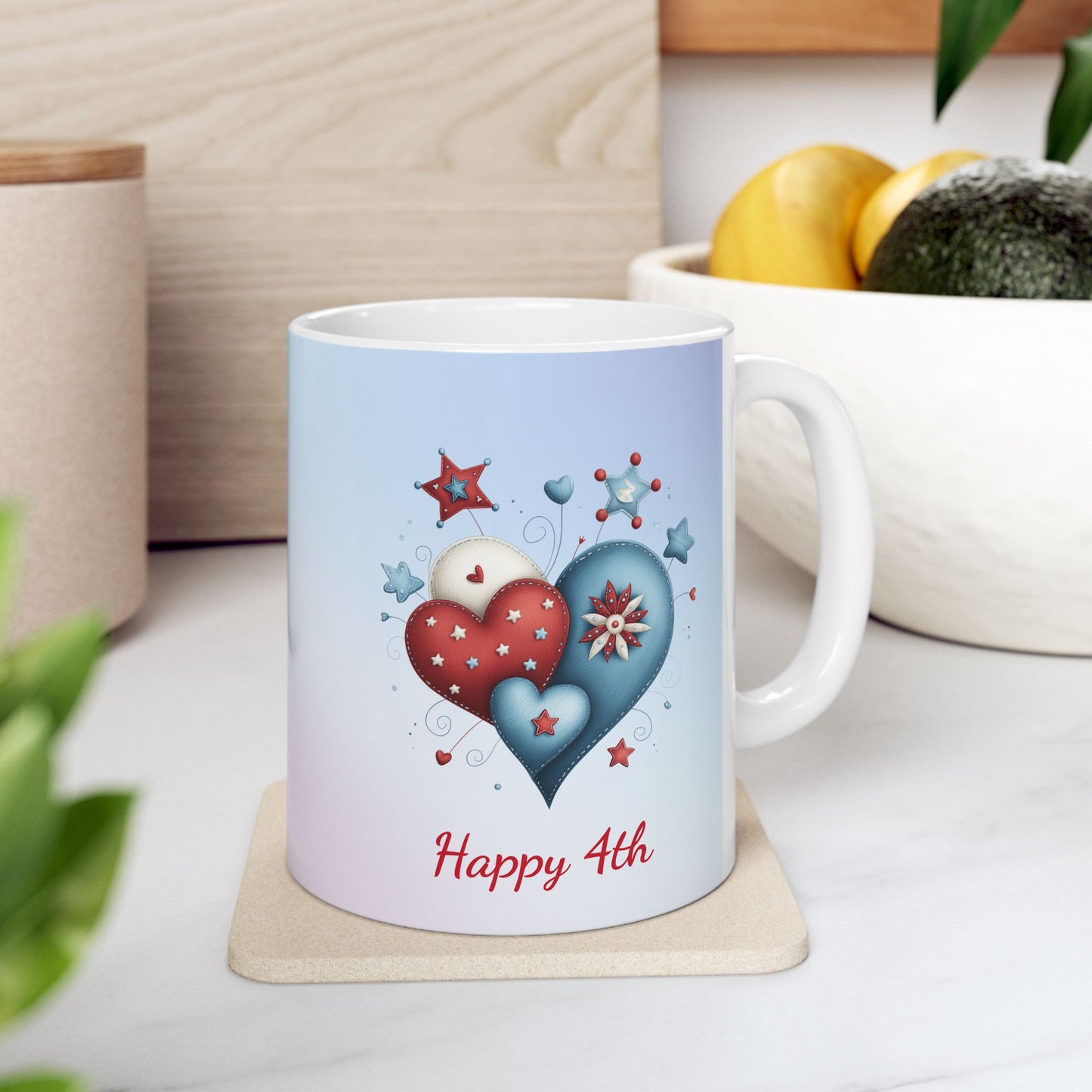 Festive Red, White & Blue Hearts Ceramic Mug