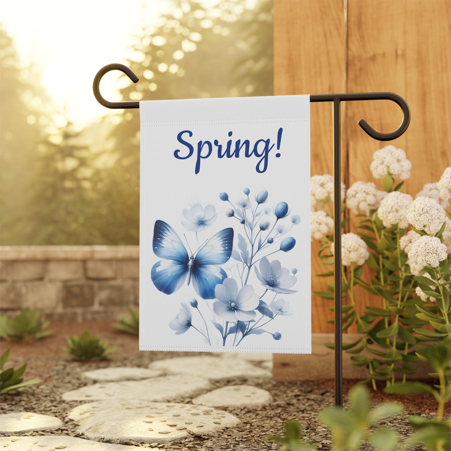 Elegant Single Blue Butterfly & Blue Floral Spring Garden Flag