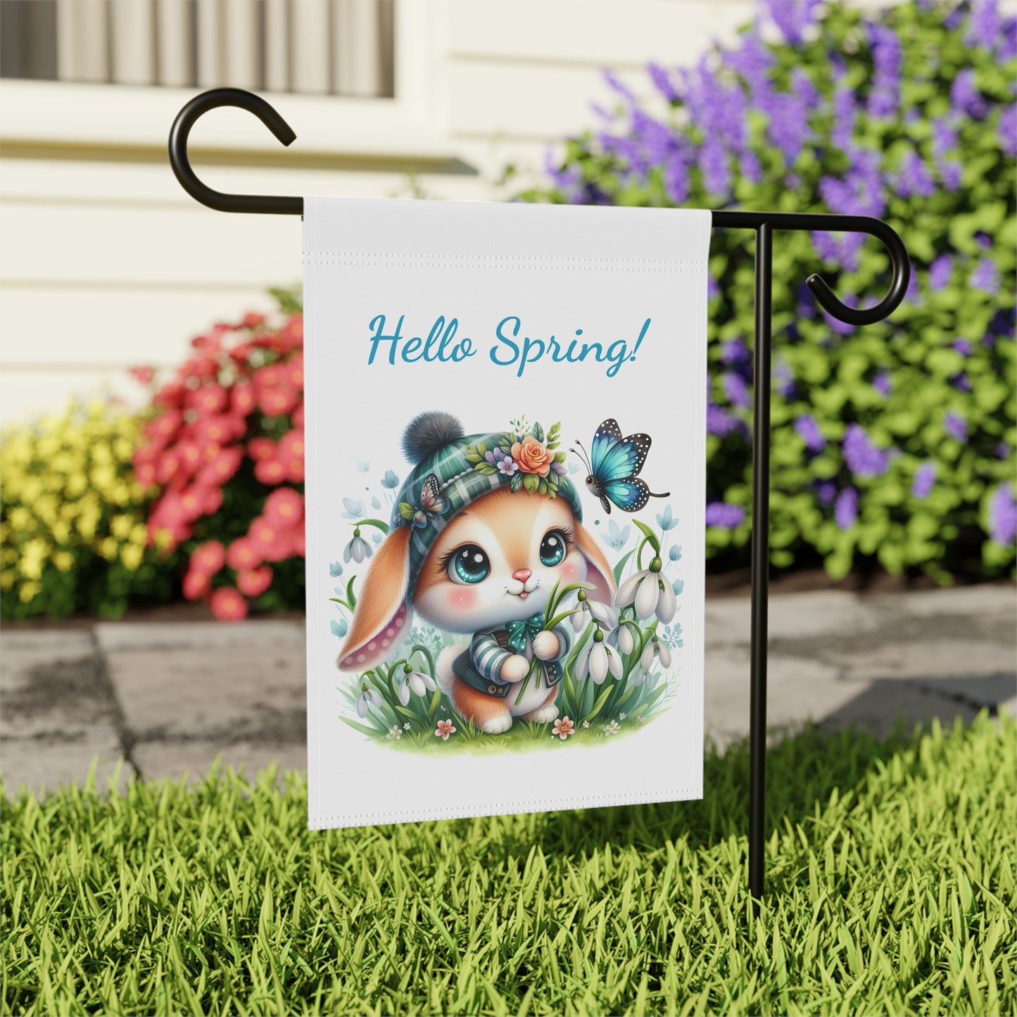 "Hello Spring!" Cute Bunny Garden Flag