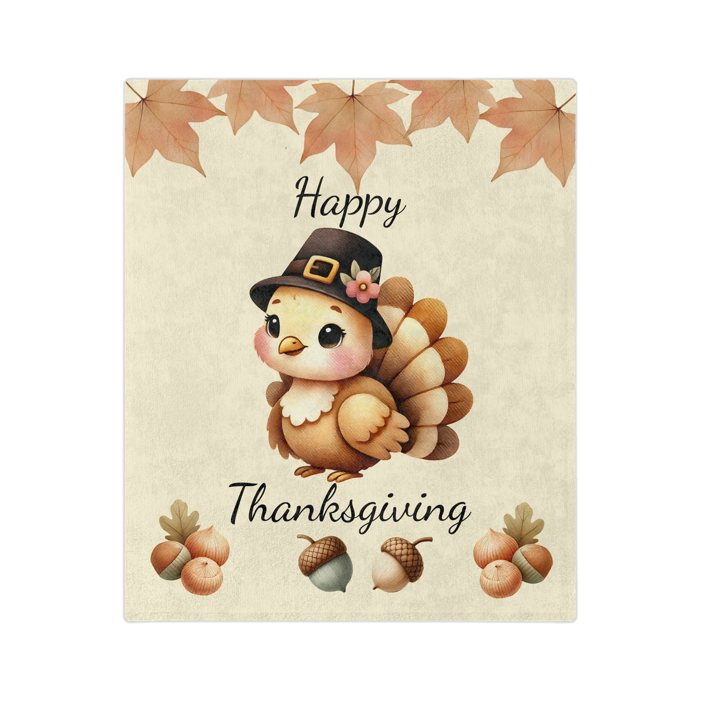 Happy Thanksgiving velveteen blanket with a cute cartoon pilgrim turkey wearing a black hat, surrounded by brown maple leaves and acorns.