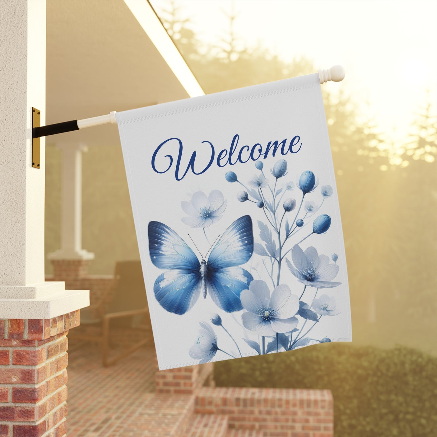 Elegant Blue Butterfly Welcome Garden Flag
