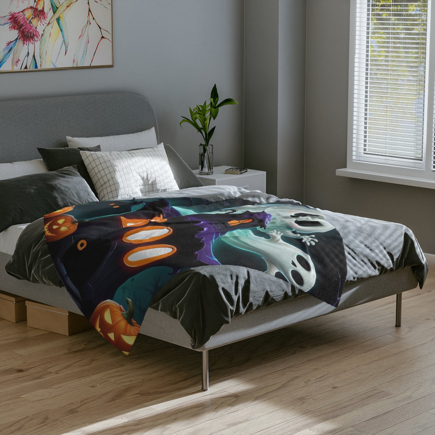 Cute Ghosts & "BOO" Haunted House Halloween Blanket